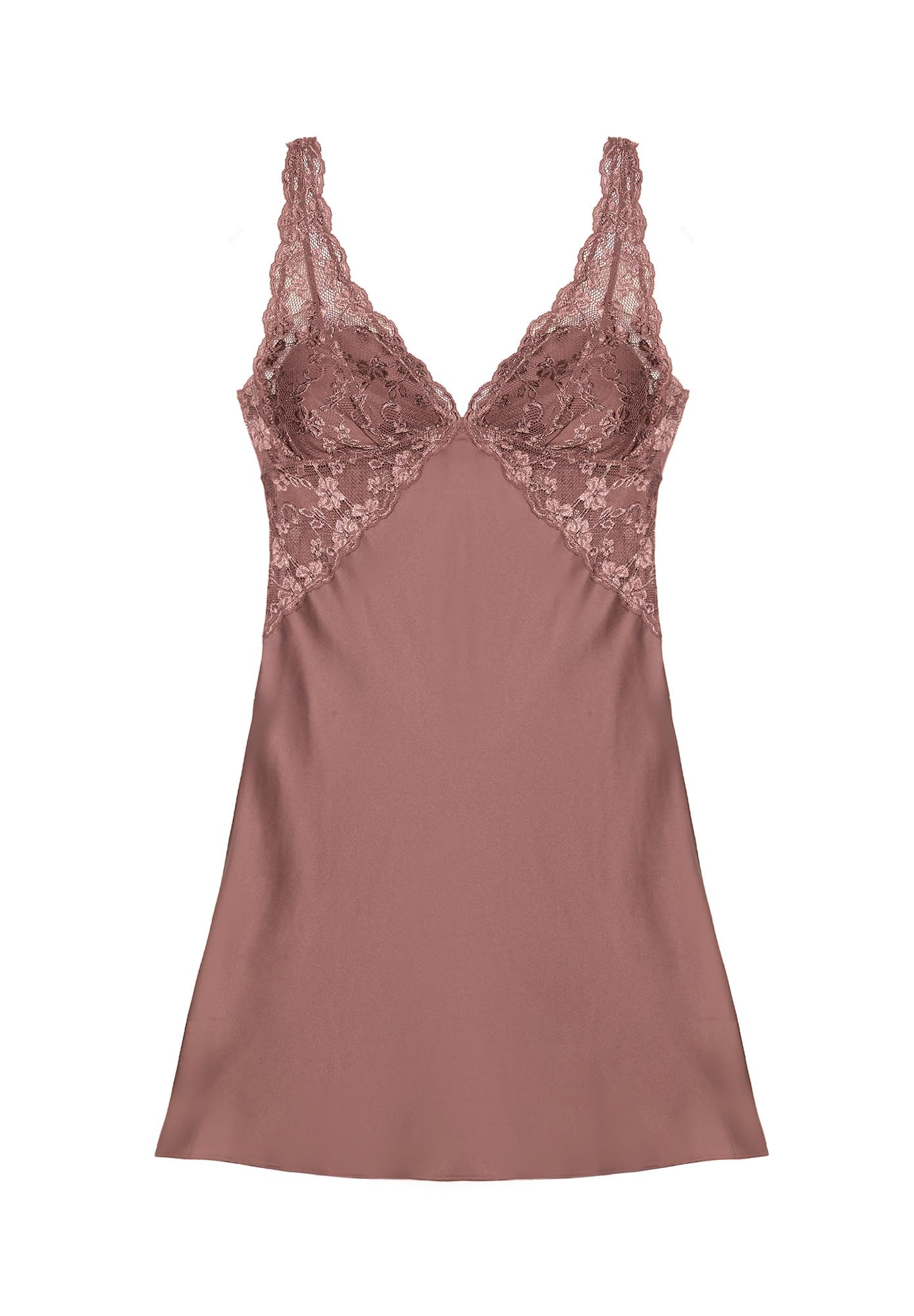 YAMAMAY - Camicia da Notte in Raso con Ricami in Pizzo, Donna,Raso e Pizzo