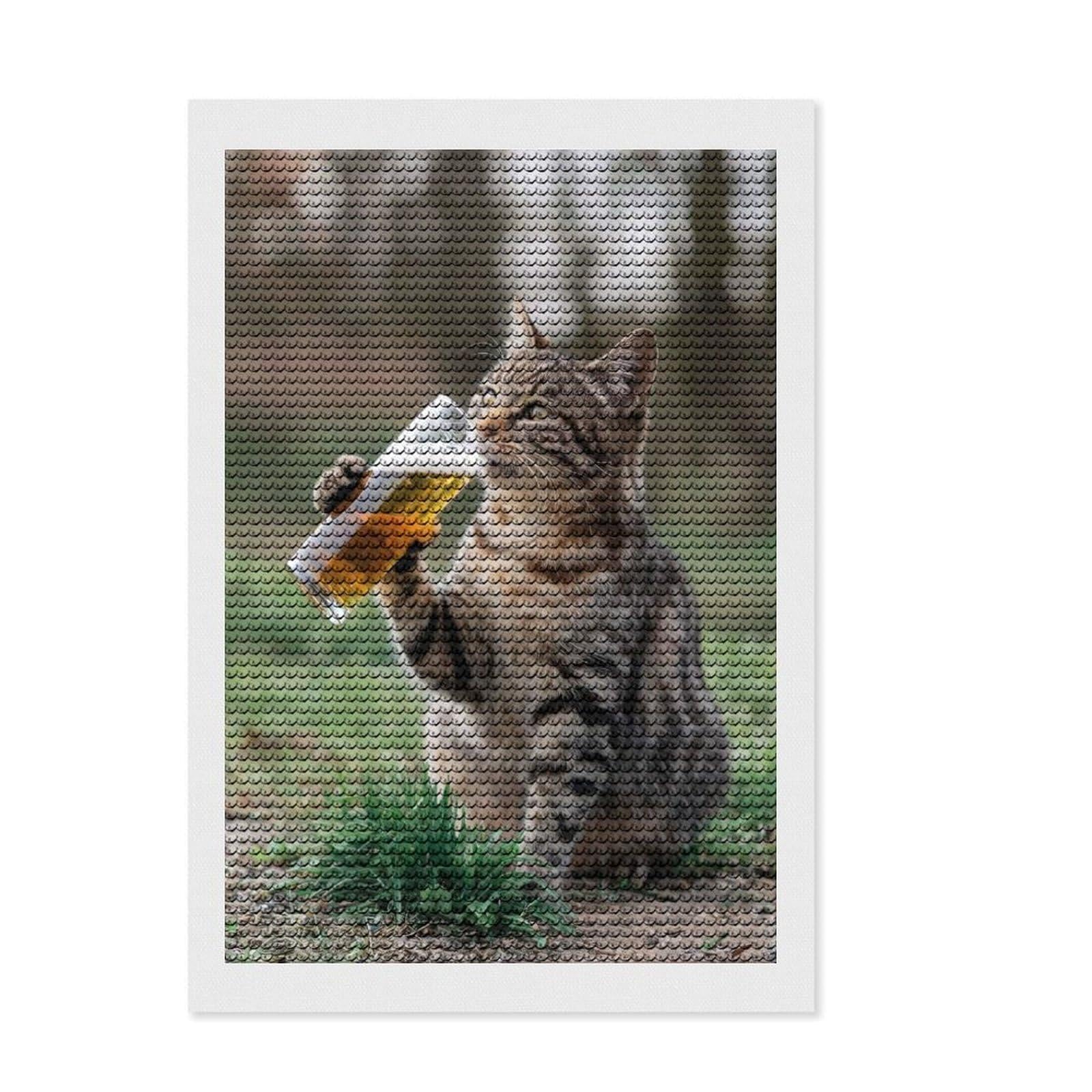 Junmoney Cat Enjoying A Sip of Beer Round Drill Diamond Painting 8"x12", for Women, Easy to Enjoy, Home Wall Decor, Thoughtful Handmade Gift