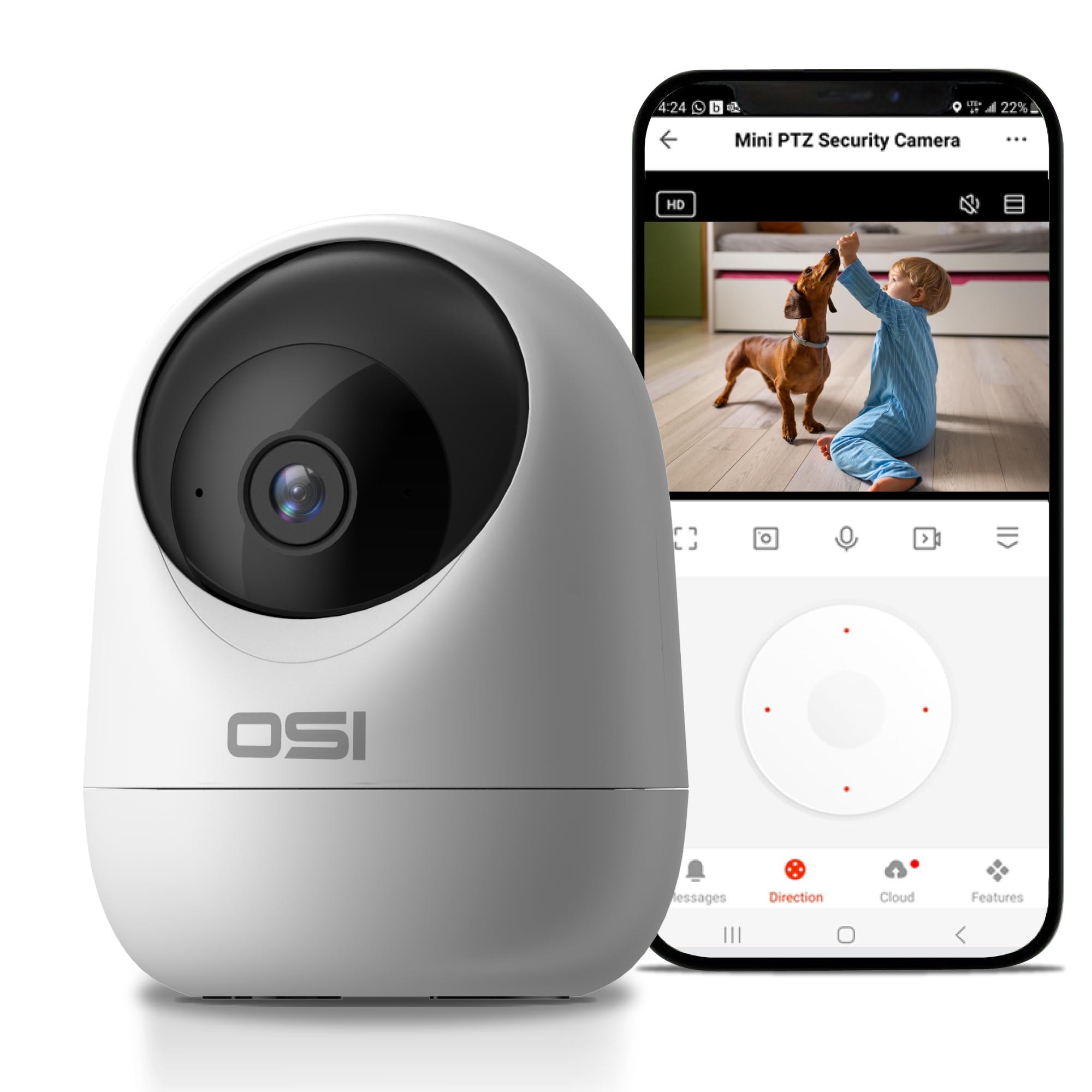 OSIIndoor Pan/Tilt Smart Security Camera, 1080p HD, Night Vision, Auto Tracking, Motion Detection for Baby, Dog & Pet Monitor, Cloud & SD Card Storage, Compatible with Alexa & Google Home