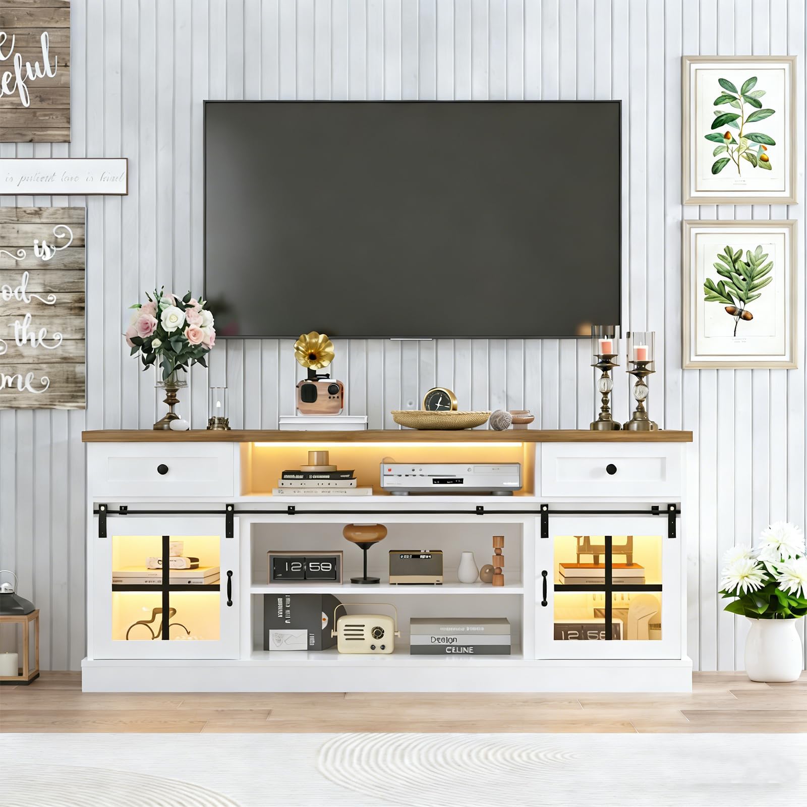 Photo 1 of ***FOR PARTS ONLY/ HAS DAMAGED (BROKEN ) PIECES*** Garvee Farmhouse TV Stand for 80" TVs, Media Console Table with 2 Drawers, Power Outlets, Led Light, Barn Doors, Entertainment Center with Adjustable Shelves for Home Office, 66" w, White+Brown Top