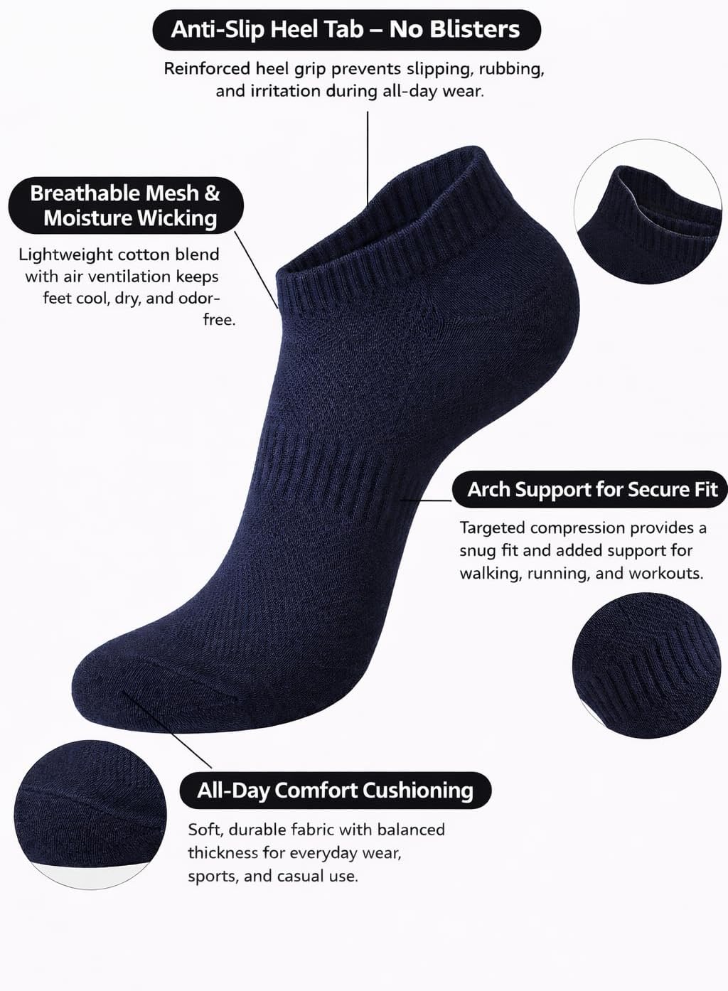 Cotton Blend Athletic Ankle Socks, Low-Cut Cushioned Running Training Socks for Women 4 Pair - Image 6