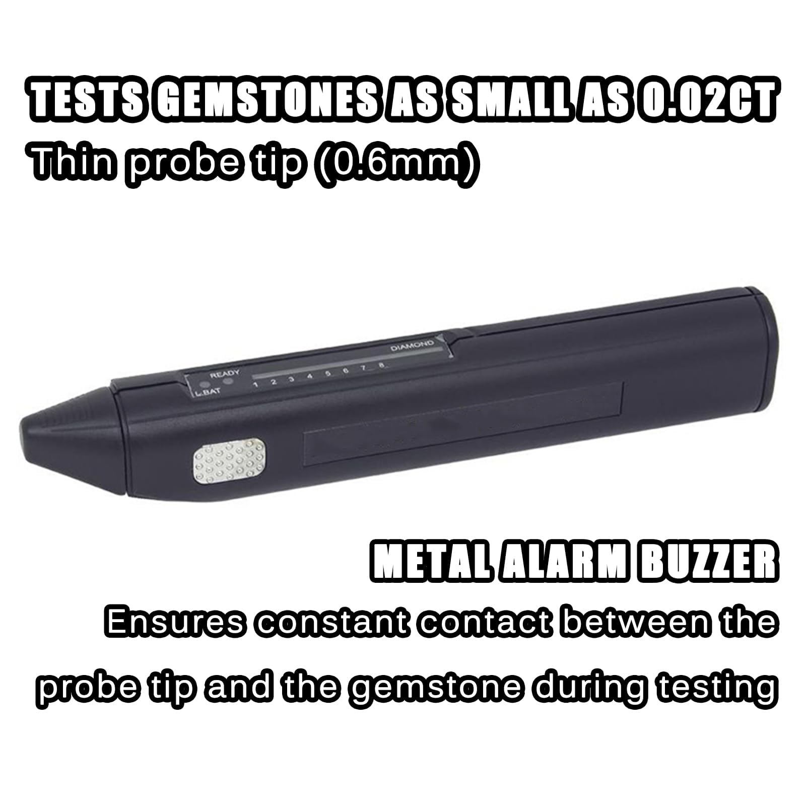 Bolígrafo probador de diamante portátil con sonda retráctil, punta de 0,6 mm, pantalla LED, alarma de metal, para principiantes y expertos