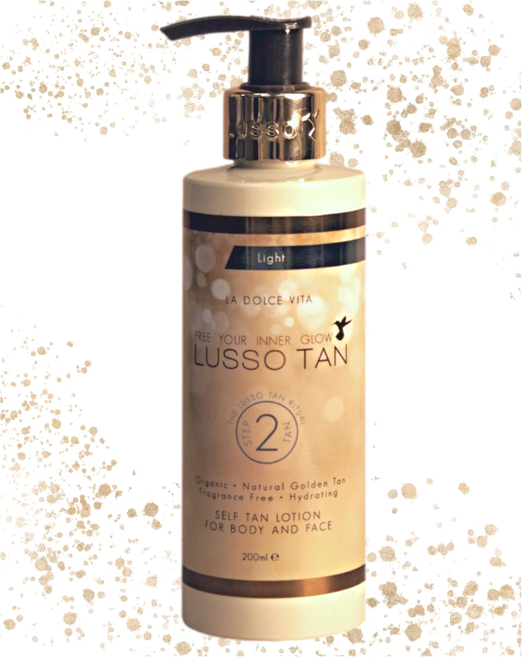 Lusso Tan Self-Tan Lotion for Face and Body - Light, 200ml, Organic, Vegan and Cruelty-Free Tinted Gradual Self-Tanning Body Lotion in Natural Golden Tan with Aloe Vera. Instant-drying, Streak-Free.
