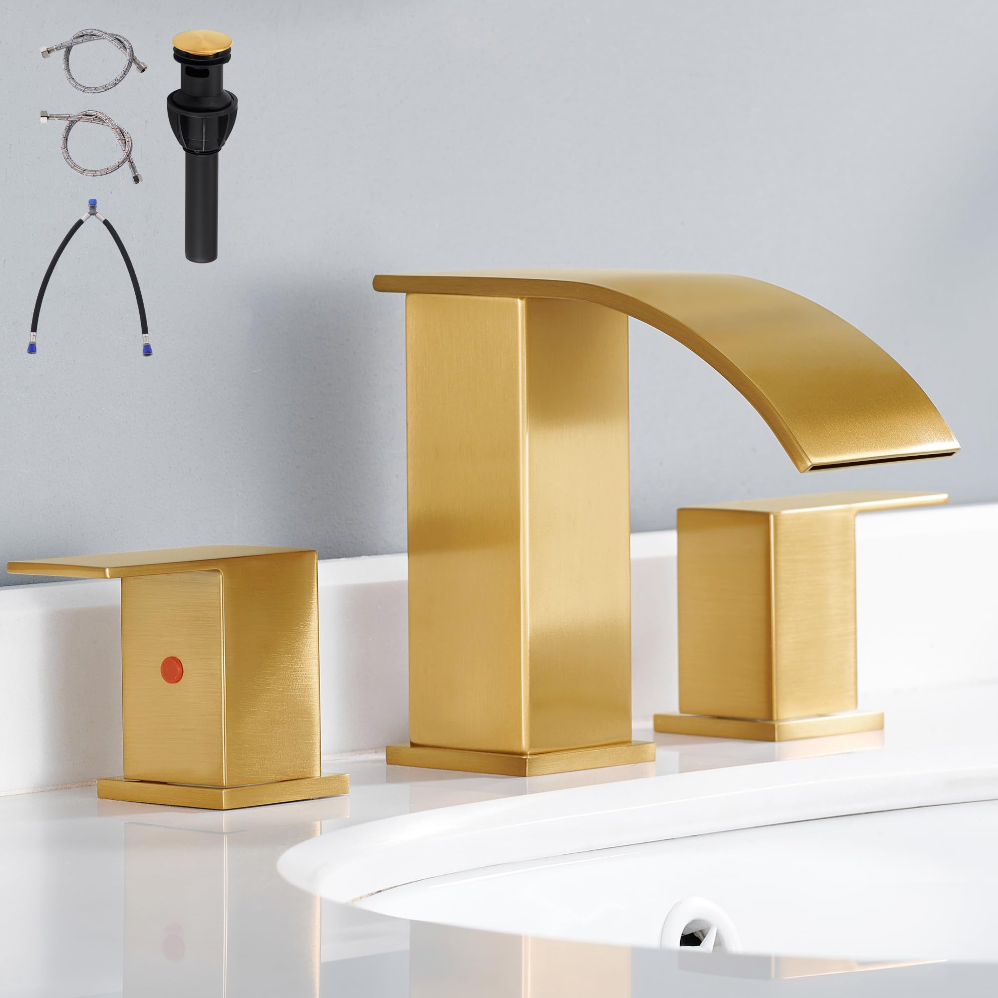 BRAVEBAR Gold Waterfall Bathroom Faucet 3 Holes - 8Inch Widespread Bathroom Sink Faucet | Two Handles Lavatory Vanity Sink Faucets with Pop-up Drain Assembly & Supply Lines Brushed Gold