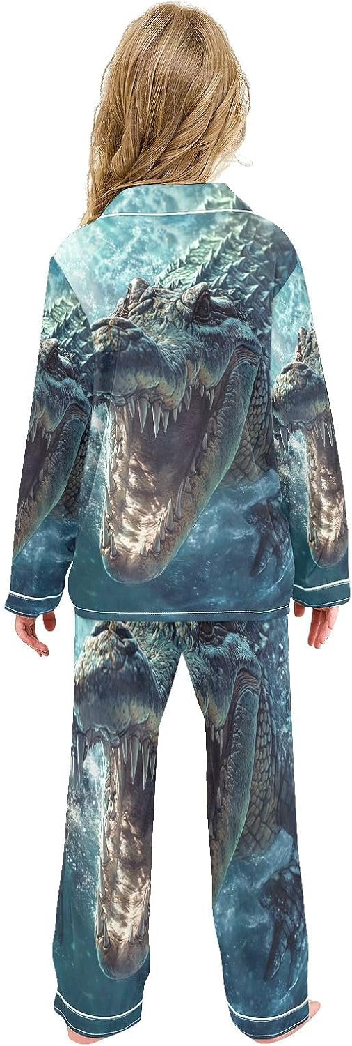 Button Up Satin Pajamas Set Crocodile Blue Novelty Graphic Long Sleeve Sleepwear 2 Piece Pjs Set 5-14 Years