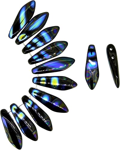 Miniatura 2 de Cuentas de cristal checas, dos agujeros, 0.197 in x 0.630 in, rayas Jet AB, 25 cuentas