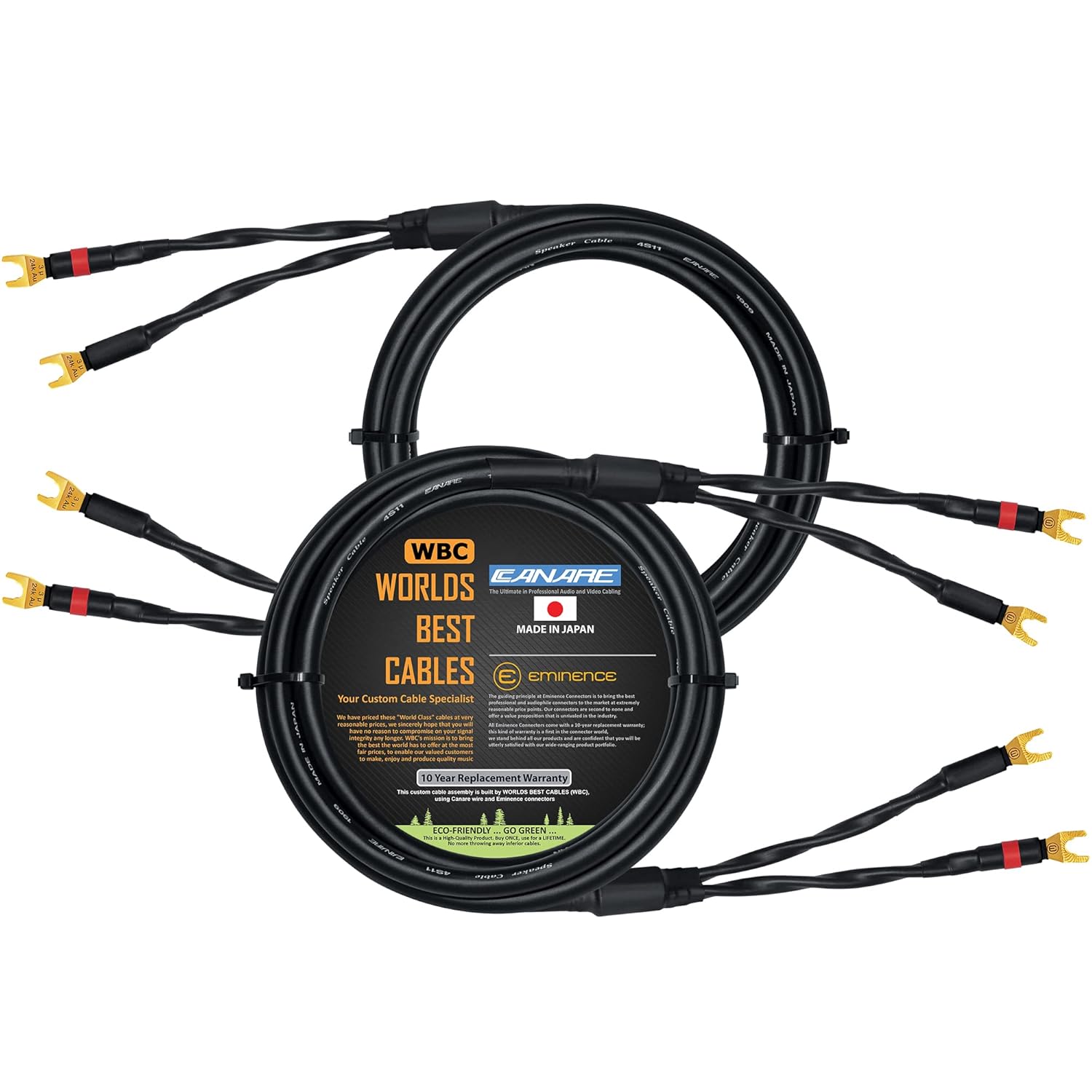 WORLDS BEST CABLES 6 Foot - Canare 4S11 – Audiophile Grade - HiFi Star-Quad Speaker Cable Pair with Eminence Gold Spade Connectors
