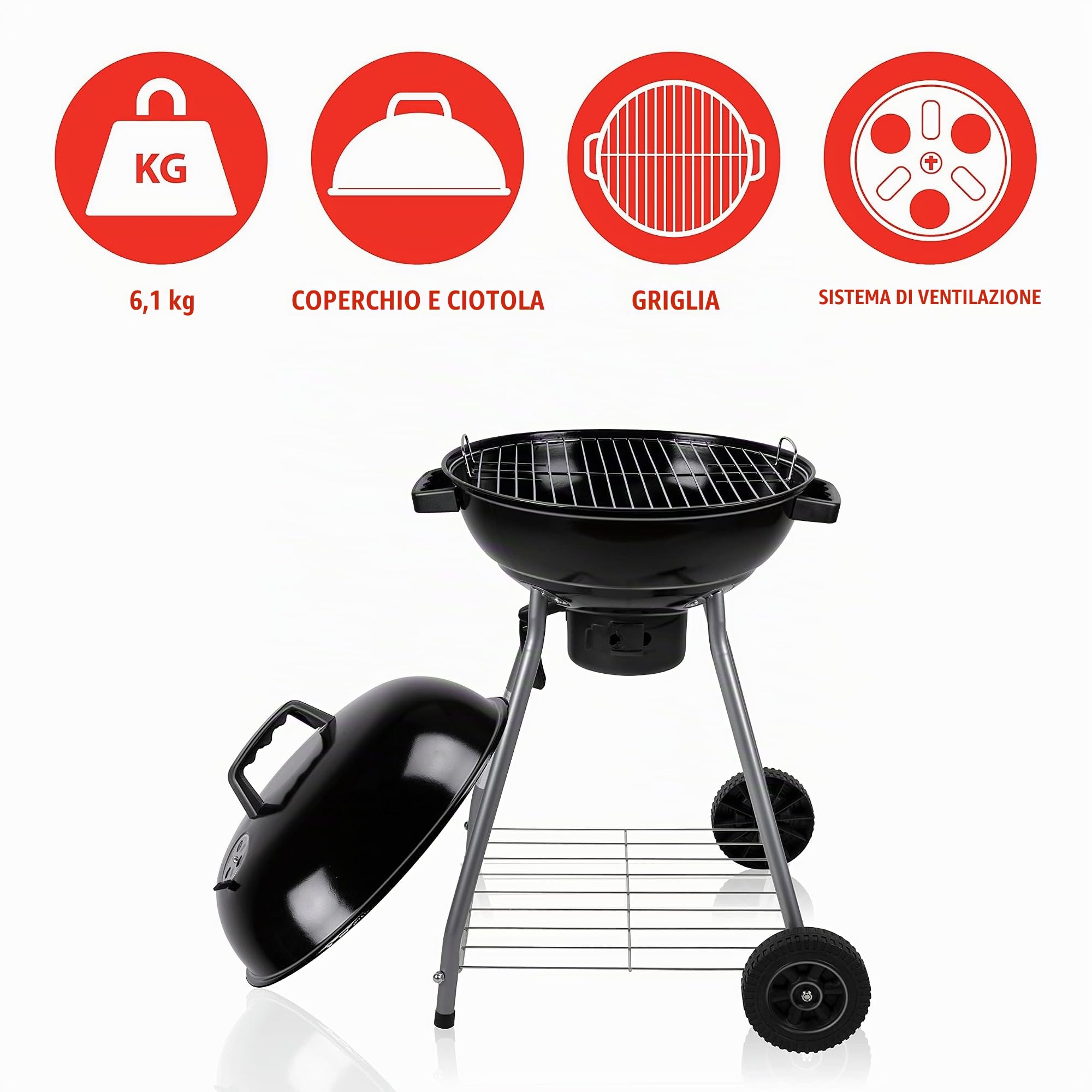 BBQ Collection Barbecue a Carbone - Barbecue a Sfera - BBQ - con Coperchio - Ø 45 cm - Nero