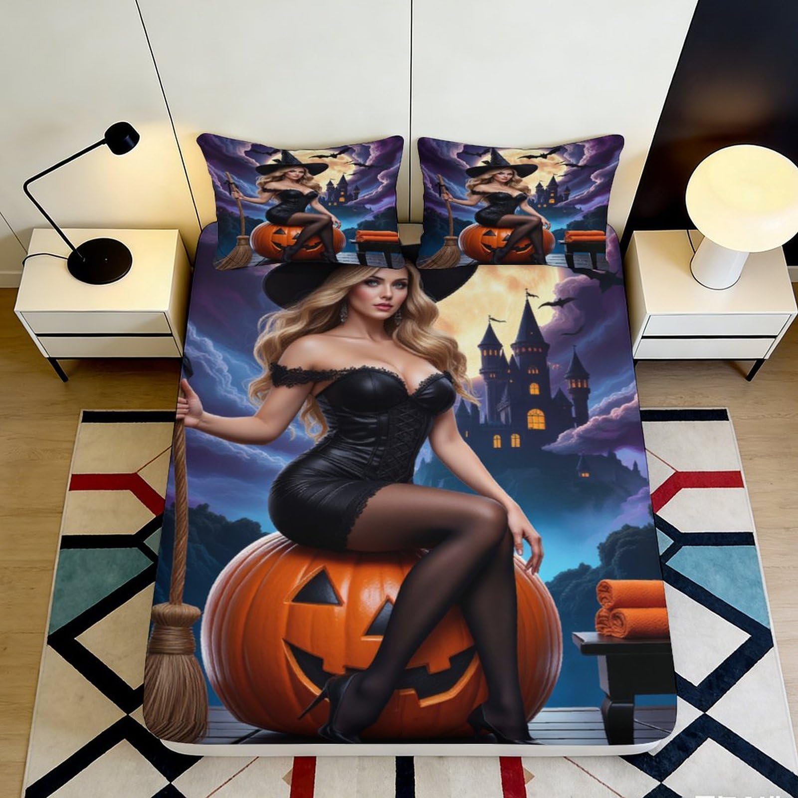 3D Printed Halloween Witch Fitted Sheet Microfiber Pumpkin Castle Bed Cover for Adult Bedroom Dorm Decor 90x200x25cm