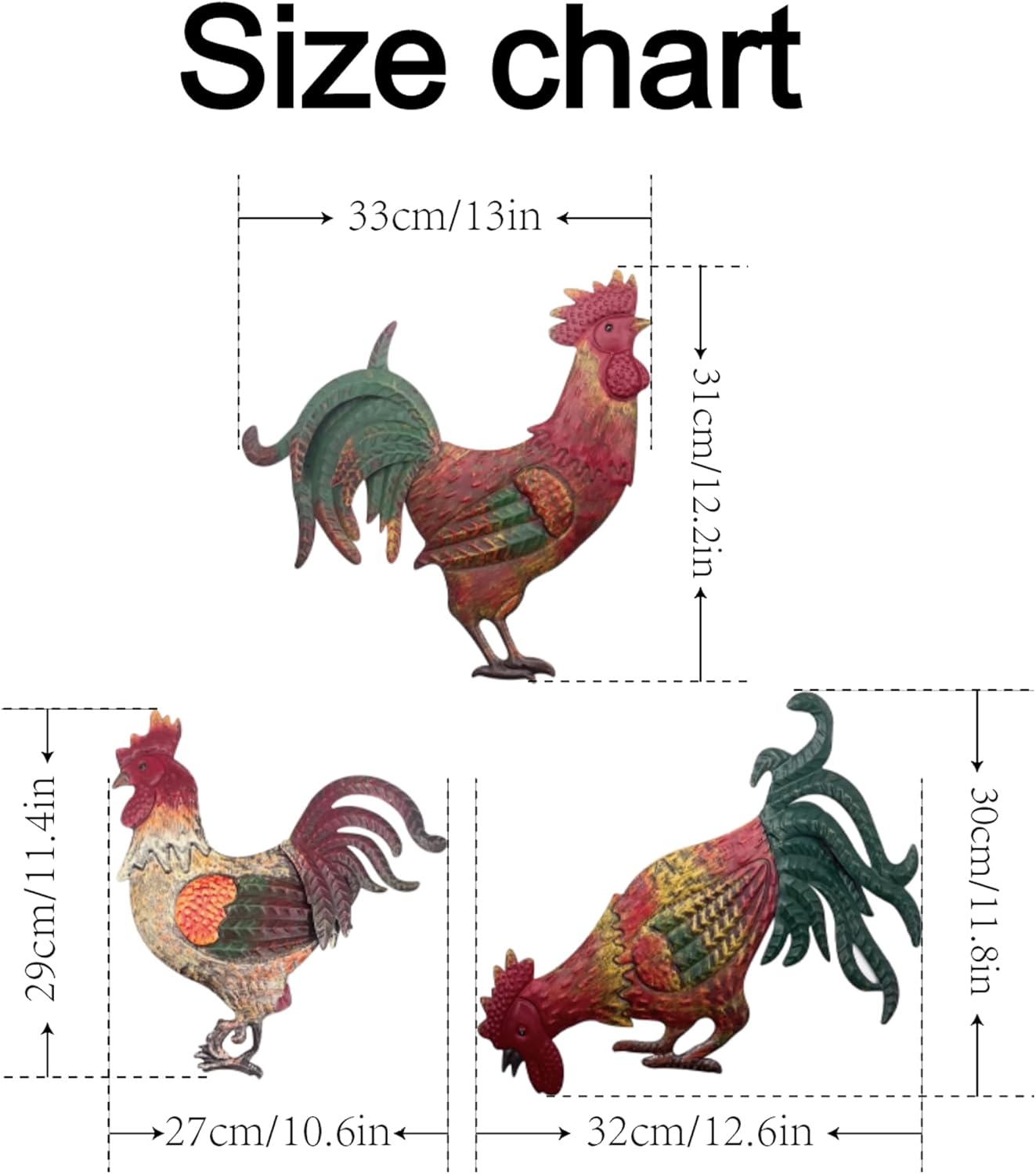 GUAN YANG Rooster Metal Wall Art Decor, Chicken Kitchen Farmhouse Country Hanging Decorations for Living Room Bedroom Outdoor Garden Fence, 3 Piece Set