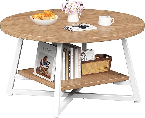 Miniatura 8 de Mesa de Café Redonda, Mesa de Café Circular Pequeña con Almacenamiento, Mesa Central Redonda Moderna de Madera para Sala de Estar, Oficina en Casa,