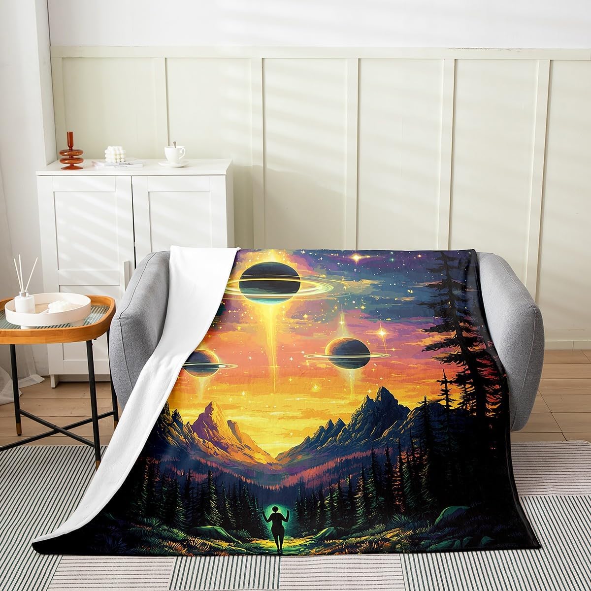 Natural Jungle Fleece Blanket,Mysterious Starry Sky Galaxy Planets Glitter Bed Blanket for Kids Teens,Pine Trees Mount Hippie Trippy Flannel Blanket for Room Decor,Queen 90"x90"