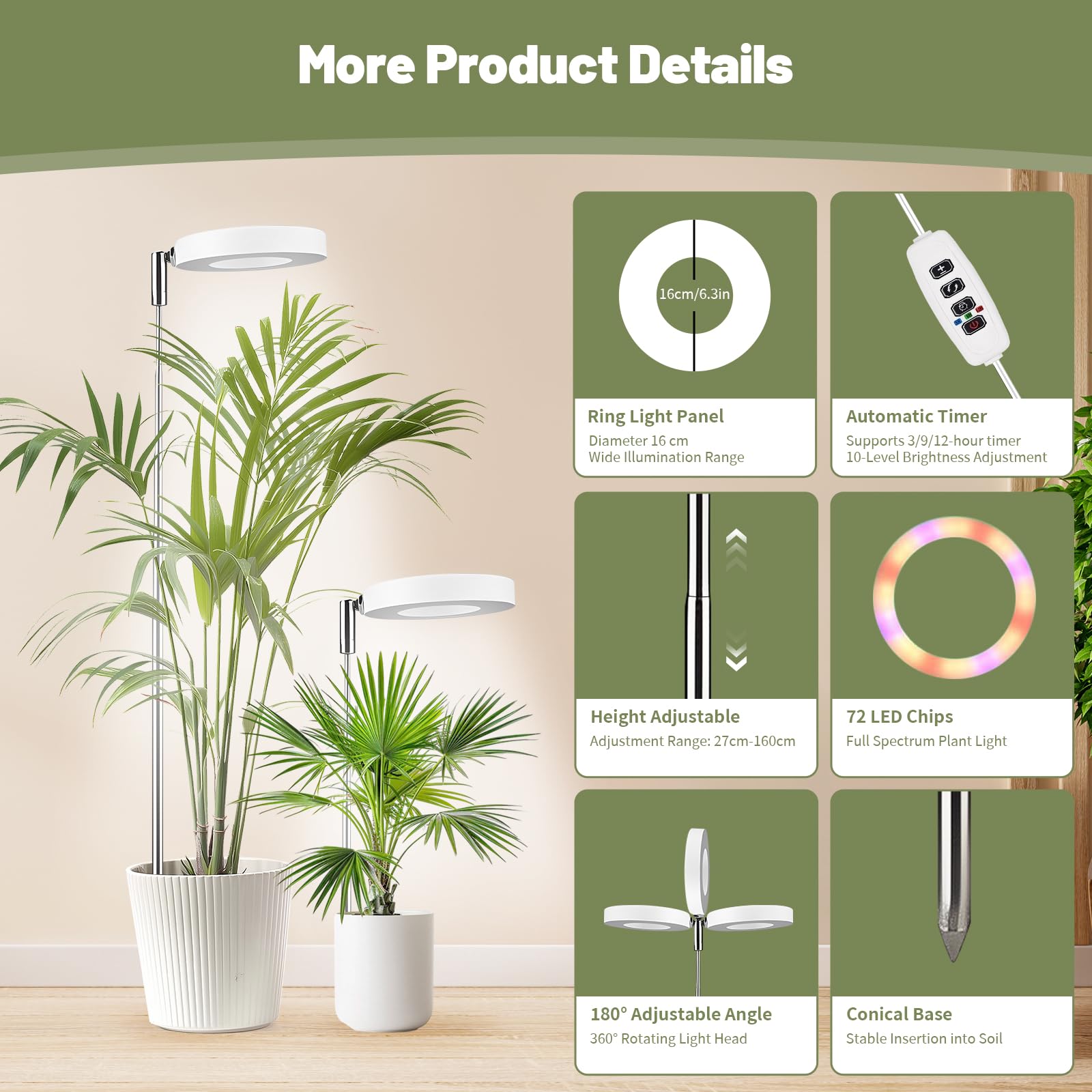 Lampe de croissance à spectre complet pour plantes - Hauteur réglable de 27 à 160 cm - 3 modes d'éclairage - 10 niveaux d'intensité - Minuterie (3/9/12H) - Tête pivotante à 180°