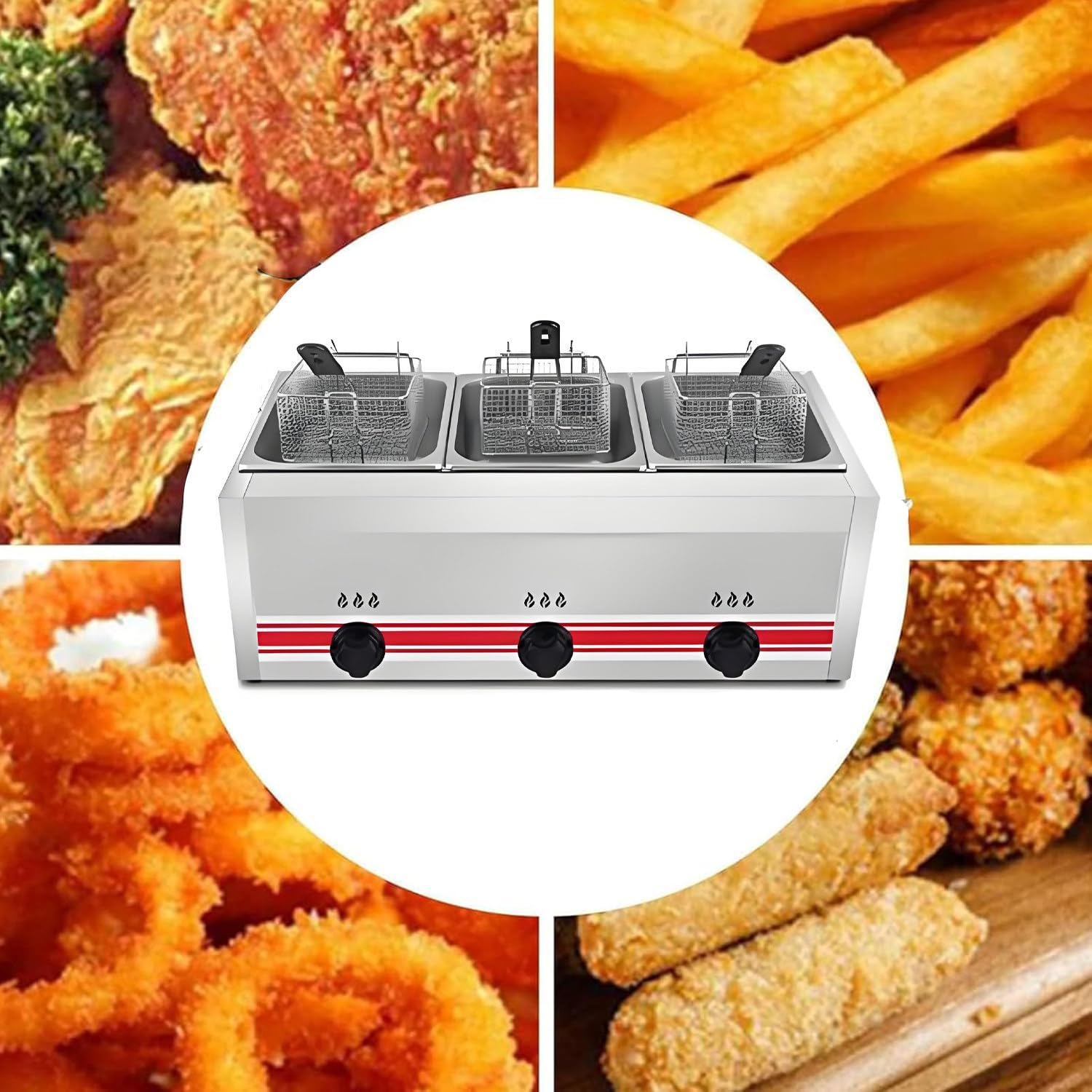 Friggitrice a Gas di Grande capacità in Acciaio Inox Indipendente con cestelli, coperchi e Controllo della Temperatura per la frittura di Pollo, Patatine Fritte, Ciambelle e Pesce. 30L