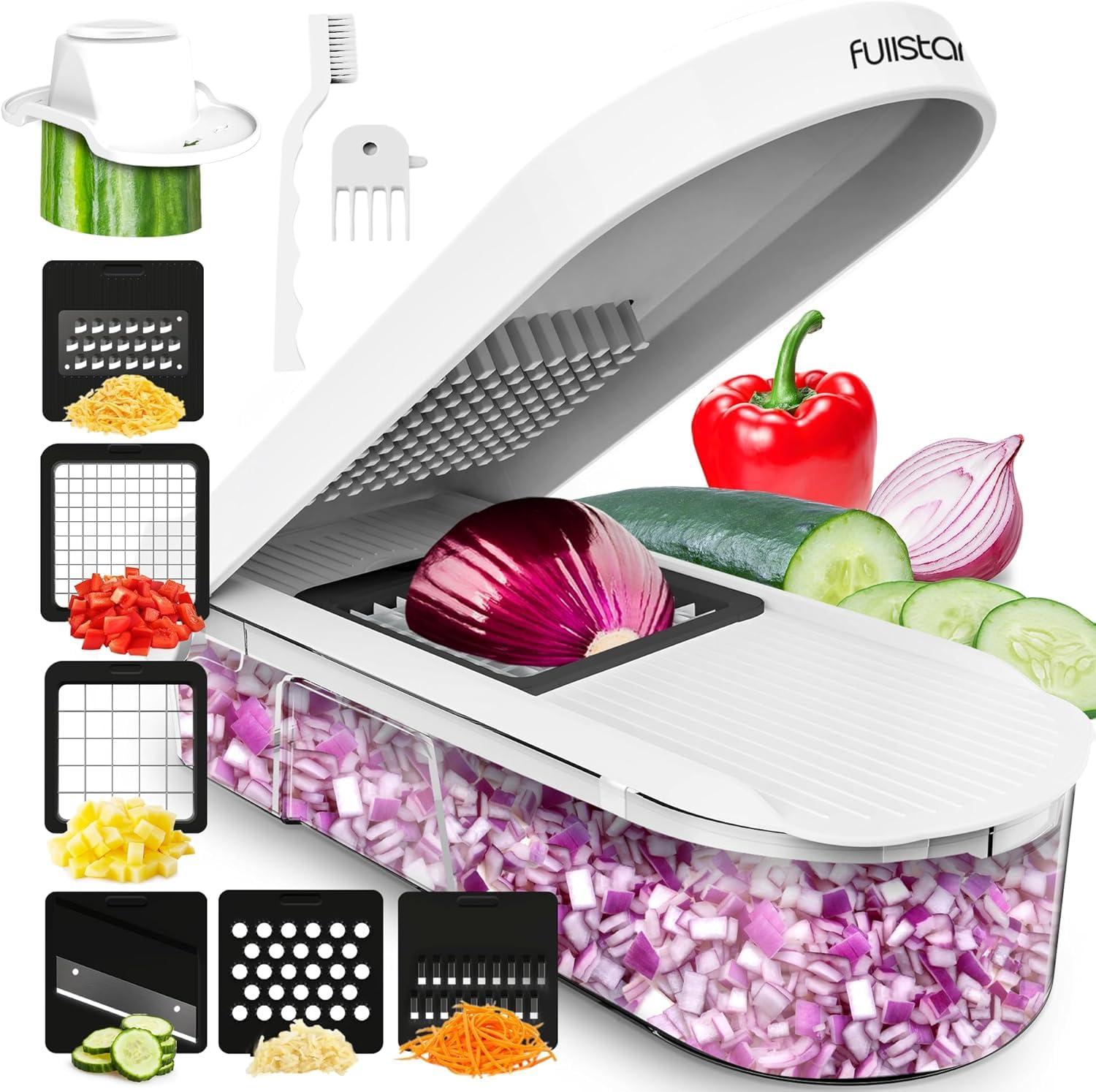 Fullstar Vegetable Chopper, Mandoline Slicer - Cheese Grater, Food Chopper with Container, Kitchen Gadgets, Home Essentials (6-in-1, Full White)