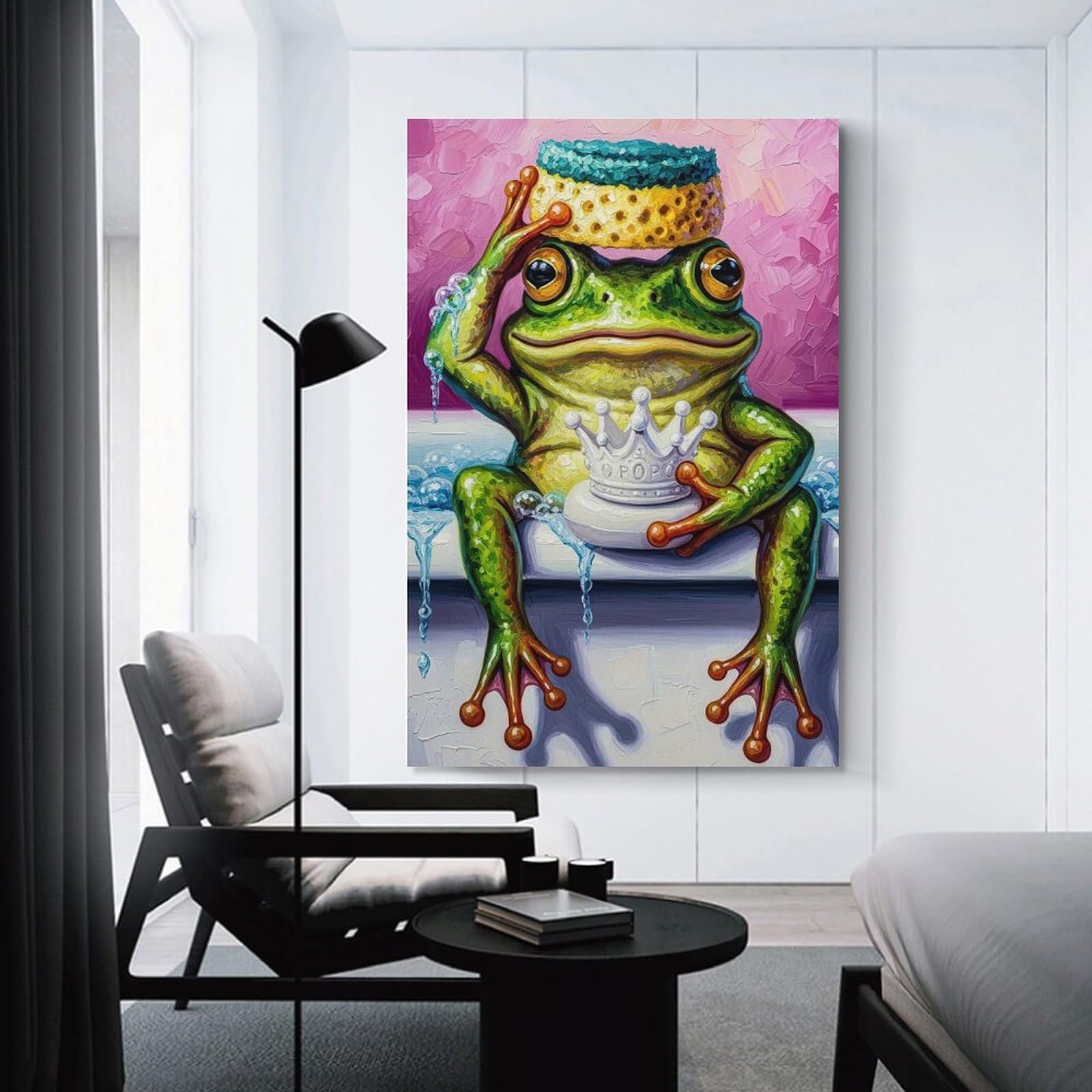 Junmoney Frog King in A Bathtub Canvas Wall Picture 24x36inch(60x90cm), for Living Spaces, Bedrooms Or Relaxed Rooms, Modern Wall Decor for Cosy Interiors