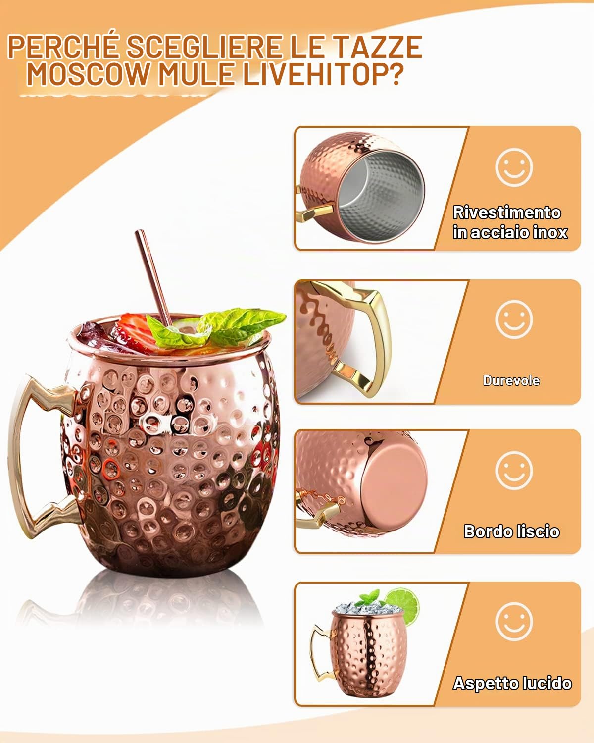 LIVEHITOP Moscow Mule Set 4 Bicchieri Rame 19,5Oz Tazze con Sottobicchiere