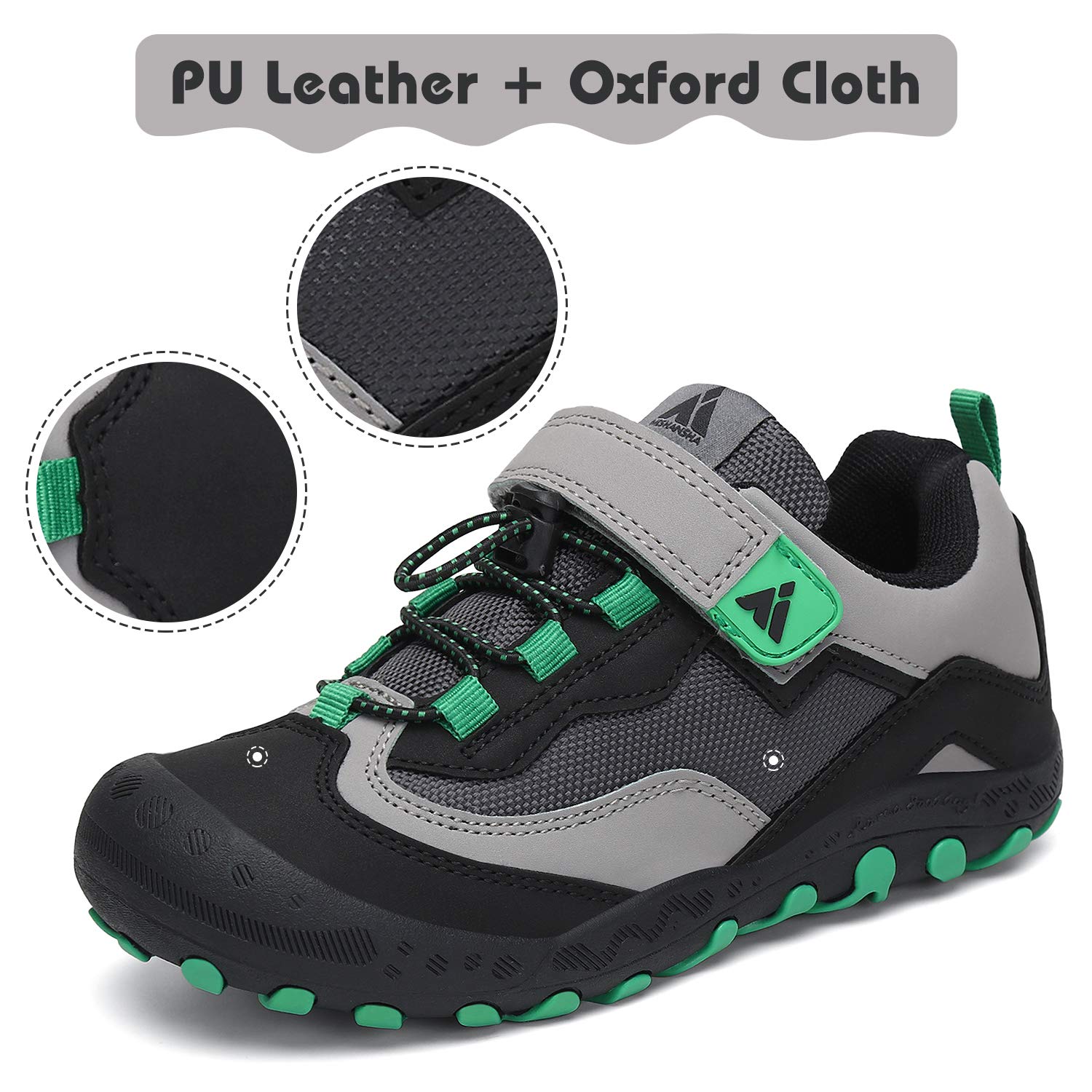 Mishansha Boy's Girl's Hiking Shoes Low Top Sneakers Outdoor Trekking Walking Climbing Running Shoes Black/Green 7 Toddler