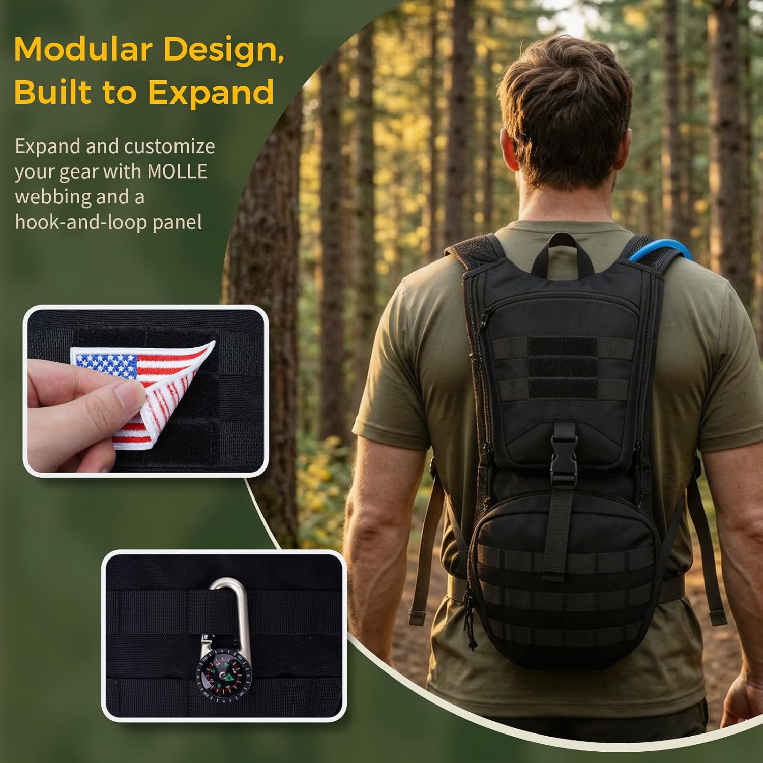 Blue Quartz Hydration Backpack with 3L Water Bladder, Lightweight Hiking Backpack with Phone Pocket, Tactical Molle Water Backpack for Running, Biking, Climbing, Hydro Pack for Men Women