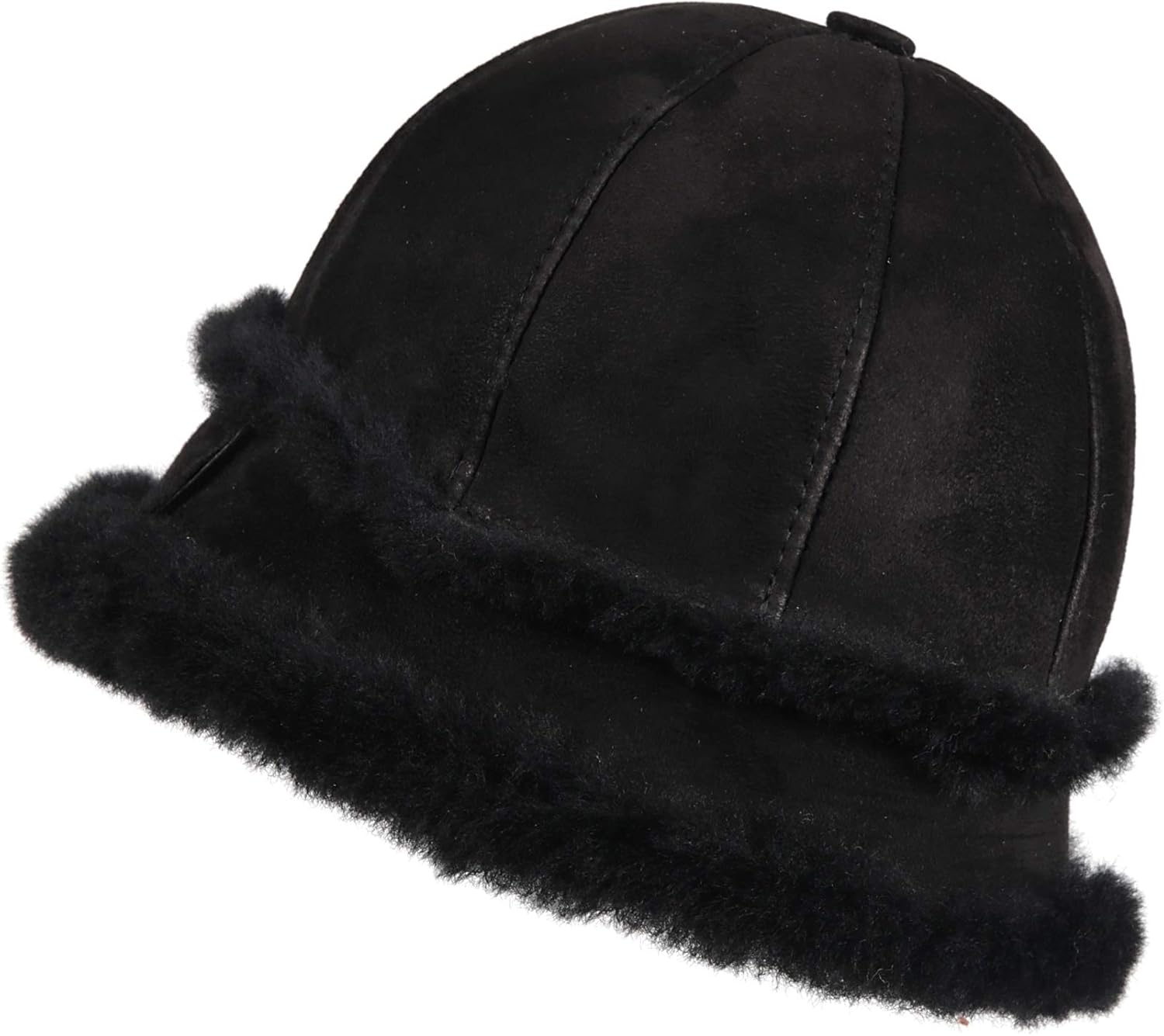 Women's Shearling Sheepskin Winter Fur Bucket Beanie Hat Black Suede Medium