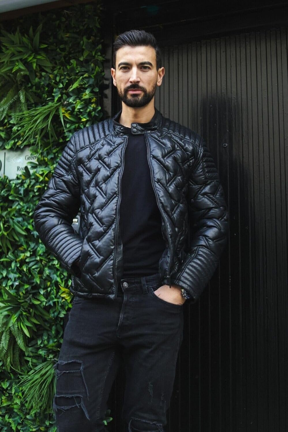 Men's Black Puffer Leather Quilted Warm Lambskin Jacket