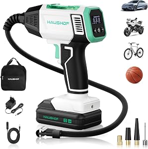 Compresor de aer cu acumulator HAUSHOF 150 PSI 10,3 bari, 4 moduri, mod manual, afișaj digital, oprire automată, pentru bicicletă și motocicletă, 20V 2000mAh