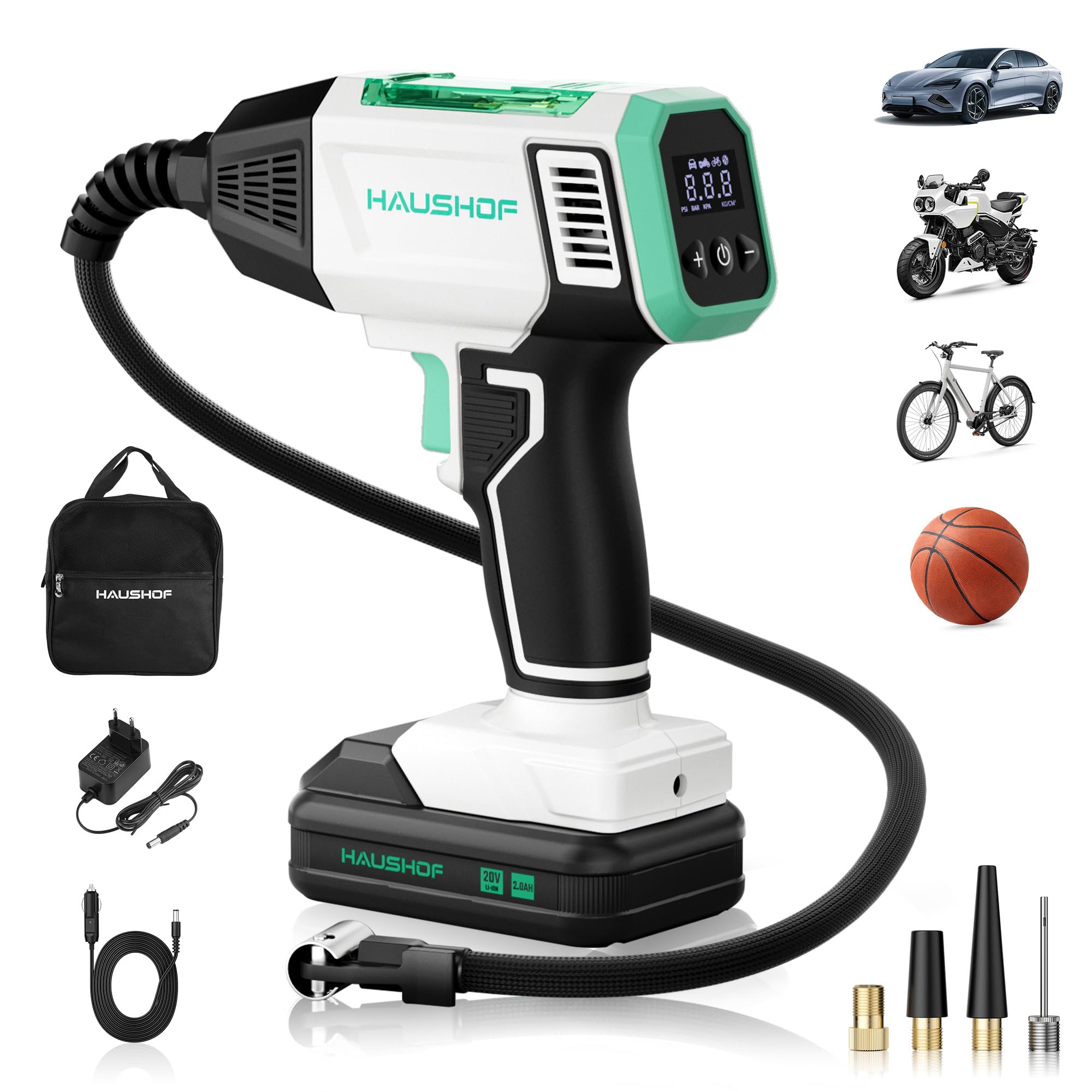 HAUSHOF Akku Luftkompressor 150 PSI (10,3 bar), Tragbare Luftpumpe mit 4 Modi + Manueller Modus, 20V 2000mAh Kabelloser Kompressor, Digitales Display, Auto-Abschaltung für Reifen, Motorrad, Fahrrad