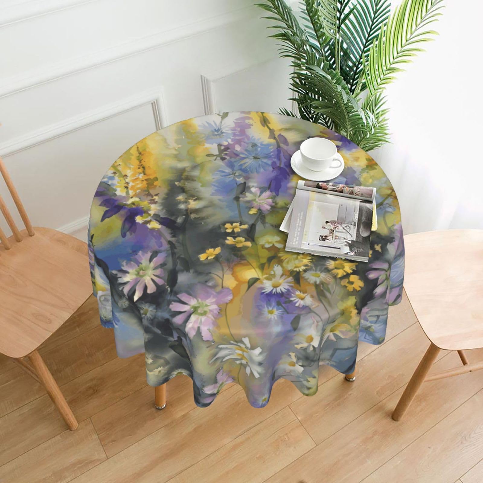 WHJSSF Retro Watercolor Floral Daisy Prints Round Decorative Table Throw 60 Inch – Waterproof Table Cover for Dining, Coffee Tables, and Outdoor Events