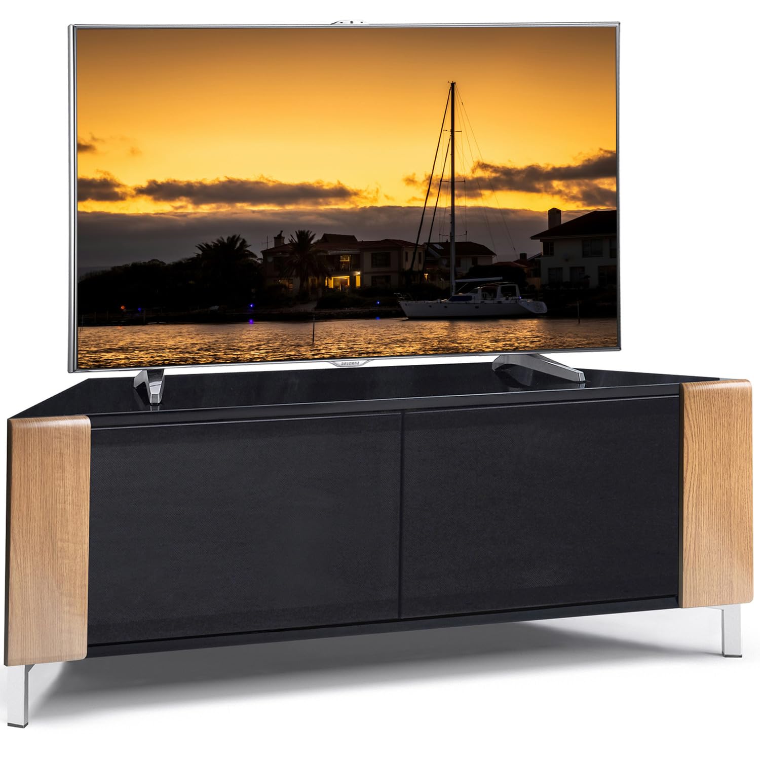 MDA Designs CORVUS Corner-Friendly Gloss Black Contemporary Cabinet with Oak Profiles Black BeamThru Glass Doors Suitable for Flat Screen TVs upto 50"