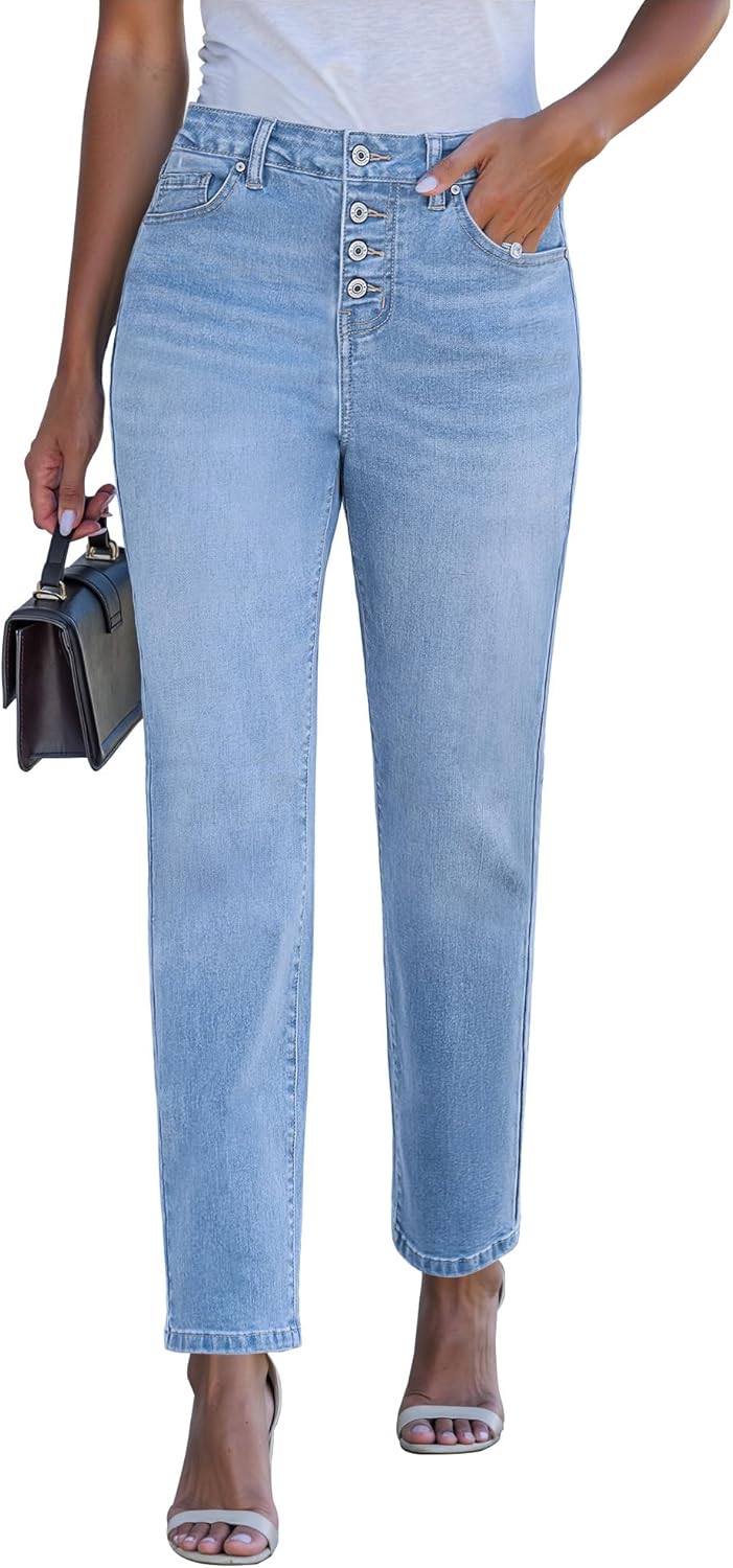 luvamia Straight Leg Jeans for Women High Waisted Trendy Button Fly Trouser Jeans Stretchy Denim Pants with Pockets