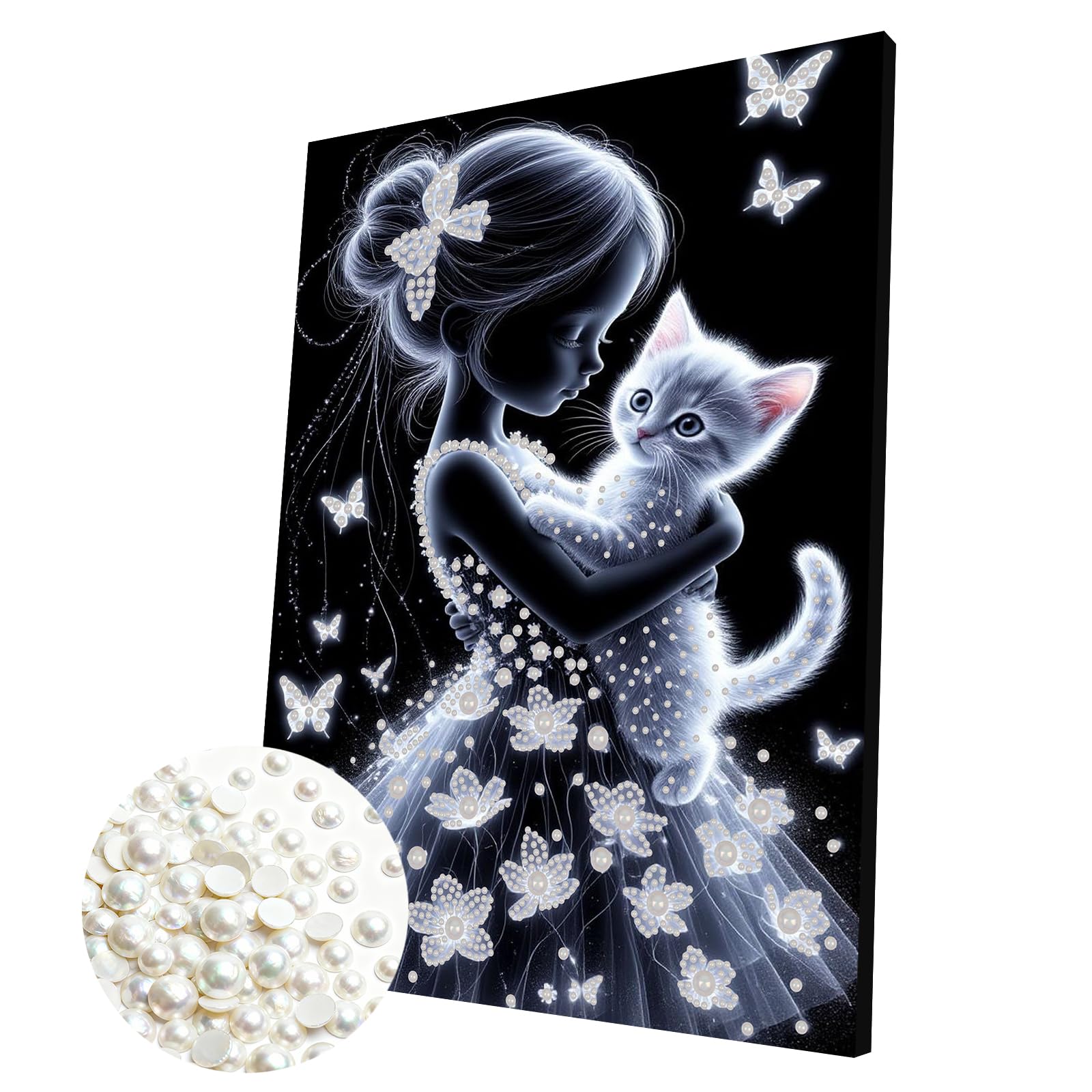 DIY Pearl Painting Kit with Wooden Frame, 3D Plastic Pearl Art Diamond Art Kits for Adults, Ready-to-Hang Home Decor, Gift for Women Beginners(Girl and Cat)(30 * 40cm)