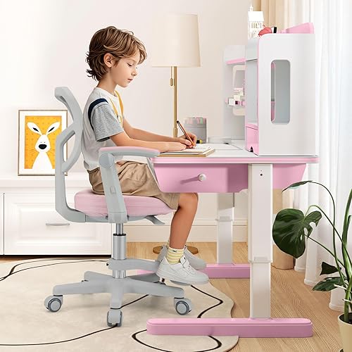 Miniatura 81 de Giantex Silla de escritorio para niños, silla giratoria de computadora para niños de altura ajustable con soporte lumbar en forma de Y y ruedas
