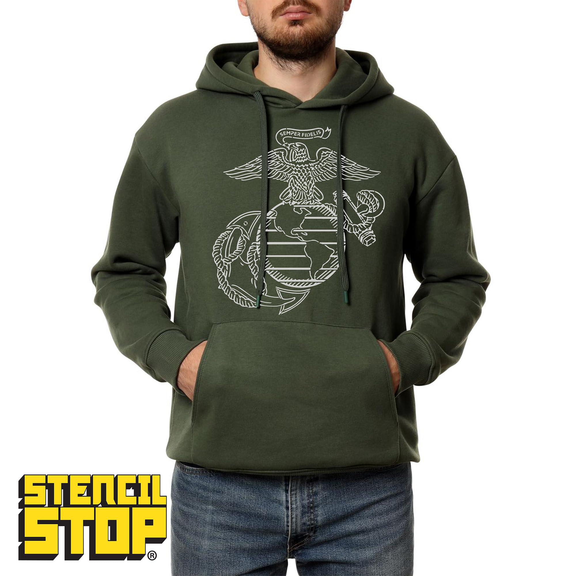 Stencil Stop Semper Fidelis Szablon z logo, wielokrotnego użytku, do projektów DIY, malowania, rysowania, rzemiosła, 14 mil, tworzywo sztuczne mylarowe (56 x 61 cm)