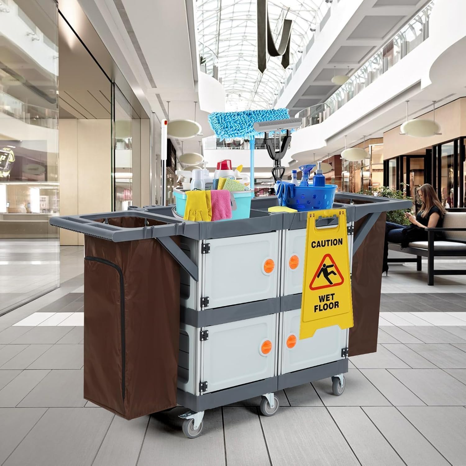 Carrello di Pulizia Professionale - 6 Ruote, Armadietti e Ripiani, Sacco in Vinile, Capacità 300L - Uso Commerciale per Hotel, Ospedali, Uffici - Colore Germany