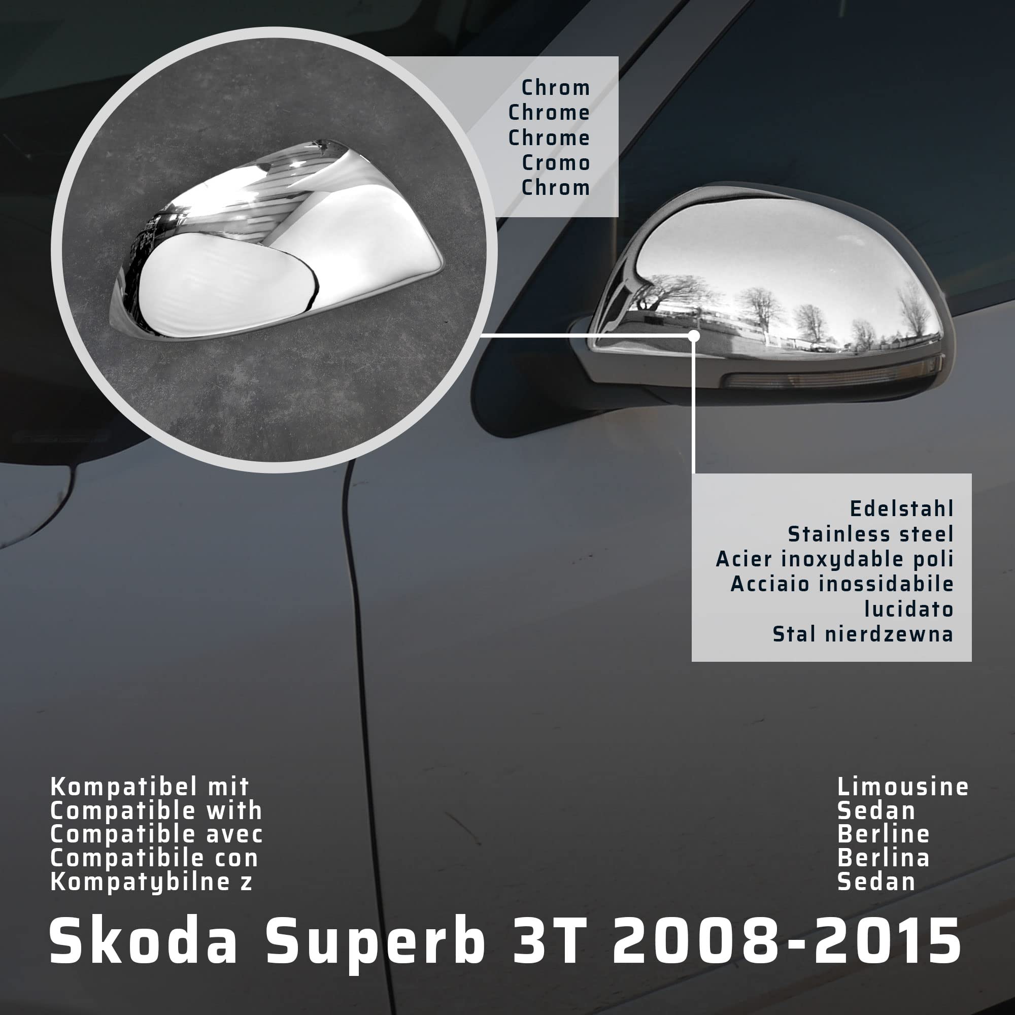 CHROMEMASTER | Nakładki na Lusterka Zewnętrzne | Kompatybilne z Skoda Superb 3T Sedan 2008-2015 | Stal nierdzewna; Osłony Lusterek to Niepowtarzalny Wygląd Auta i Ochrona Przed Uszkodzeniem