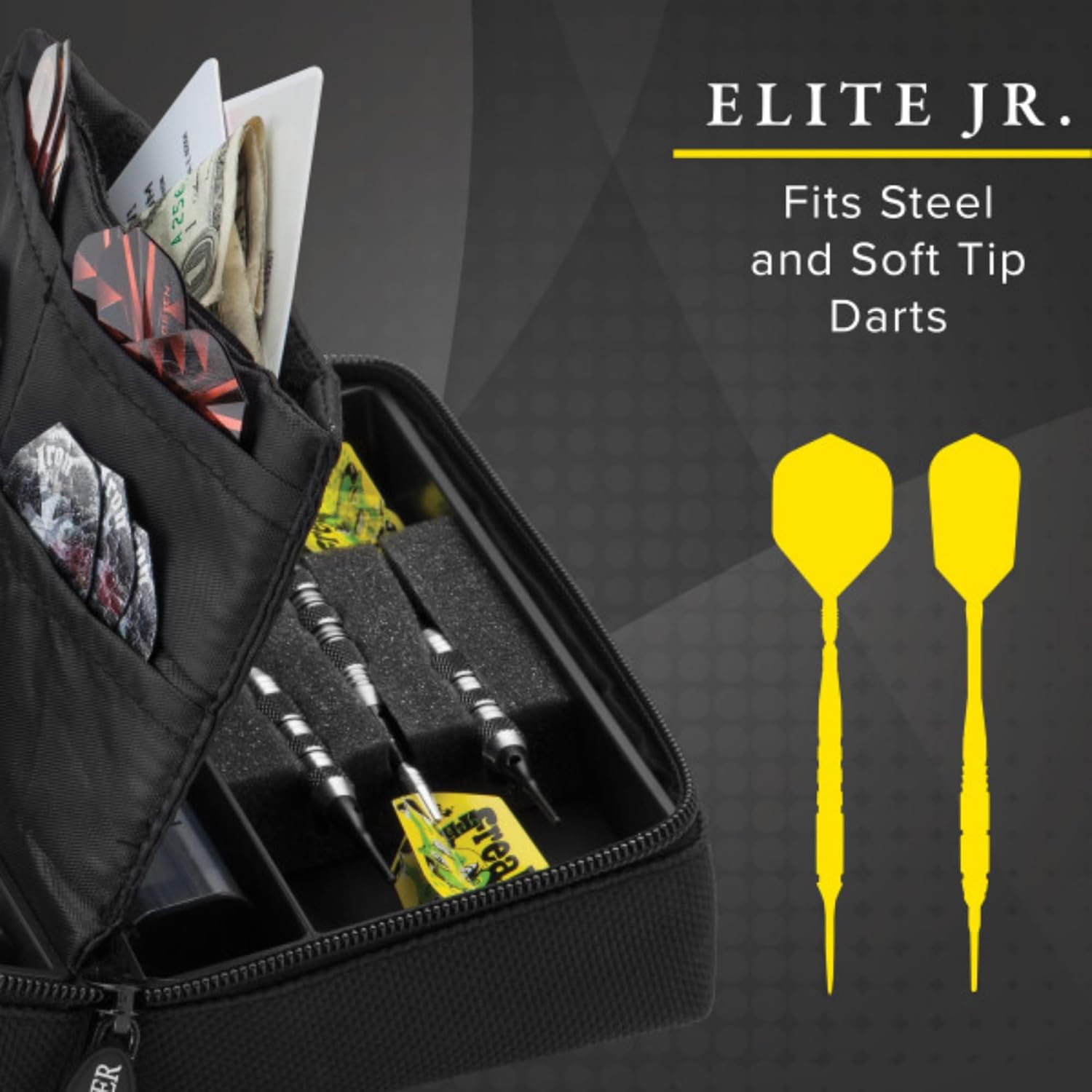 Casemaster Elite Jr. Nylon Dart Carrying Case For Steel and Soft Tip Darts, Holds 6 Darts and Numerous Other Accessories via Ten Storage Pockets and Two Tubes