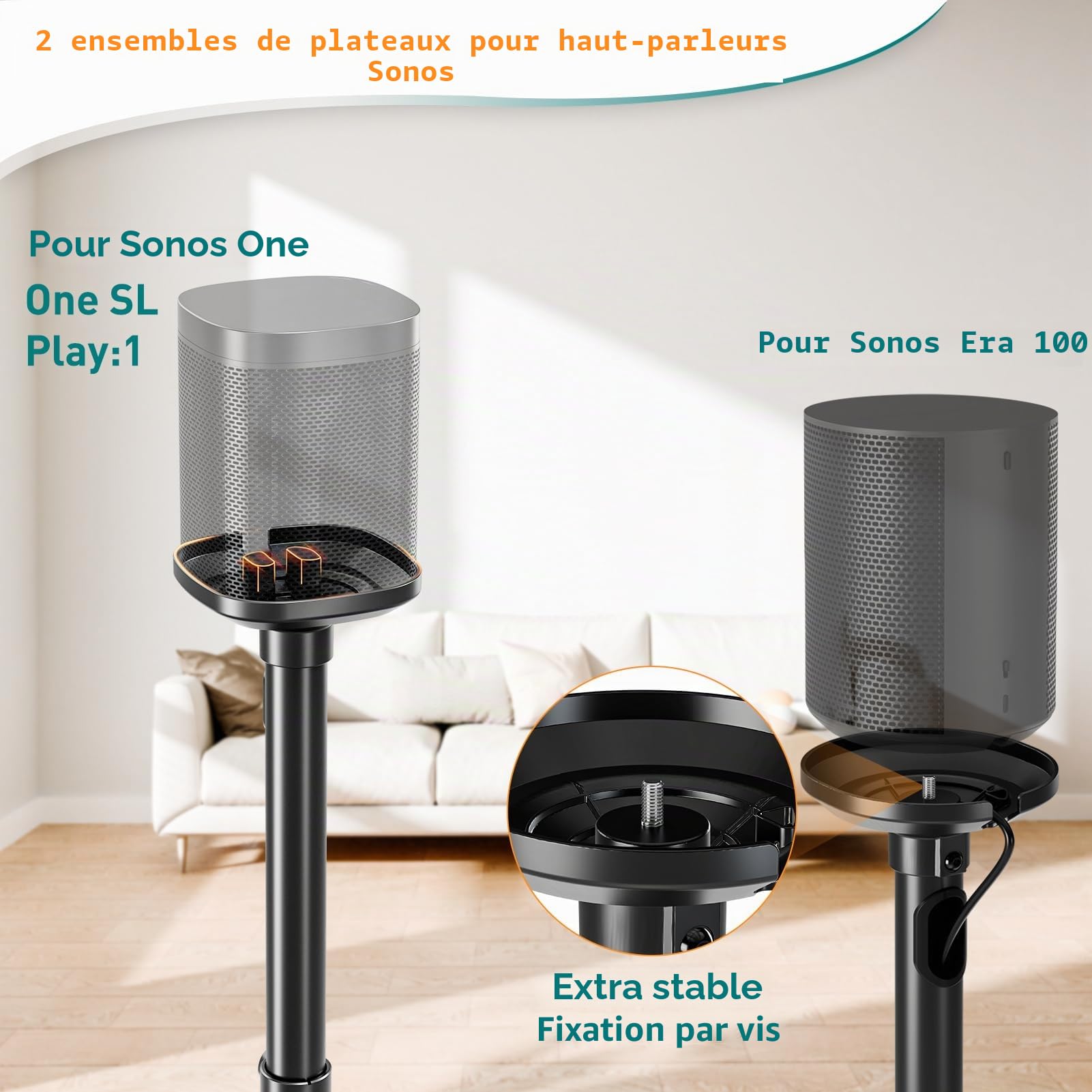 Elived Paire de Supports pour Enceintes Sonos ERA100, Sonos One, One SL, Play:1, Hauteur réglable jusqu'à 1103 mm, Support sur Pied avec Gestion des câbles, Charge maximale de 5 kg, EV5024