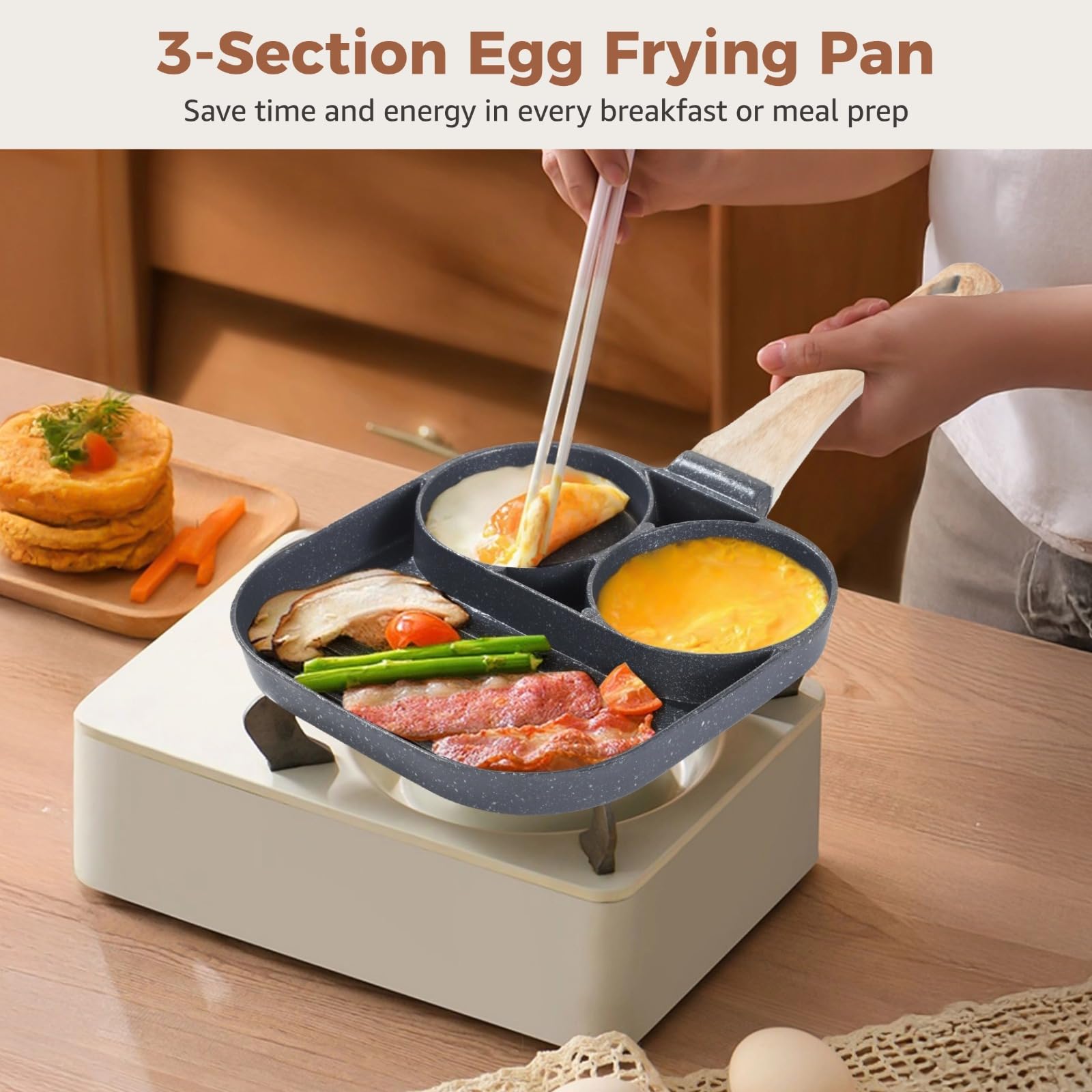 Generisch 3 in 1 Eierbratpfanne, antihaftbeschichtete Pfanne für Pfannkuchen, Eierpfanne mit Holzmaserungsgriff, kompatibel mit Induktion und Gas, für Burger, Eier und Pfannkuchen, schwarz