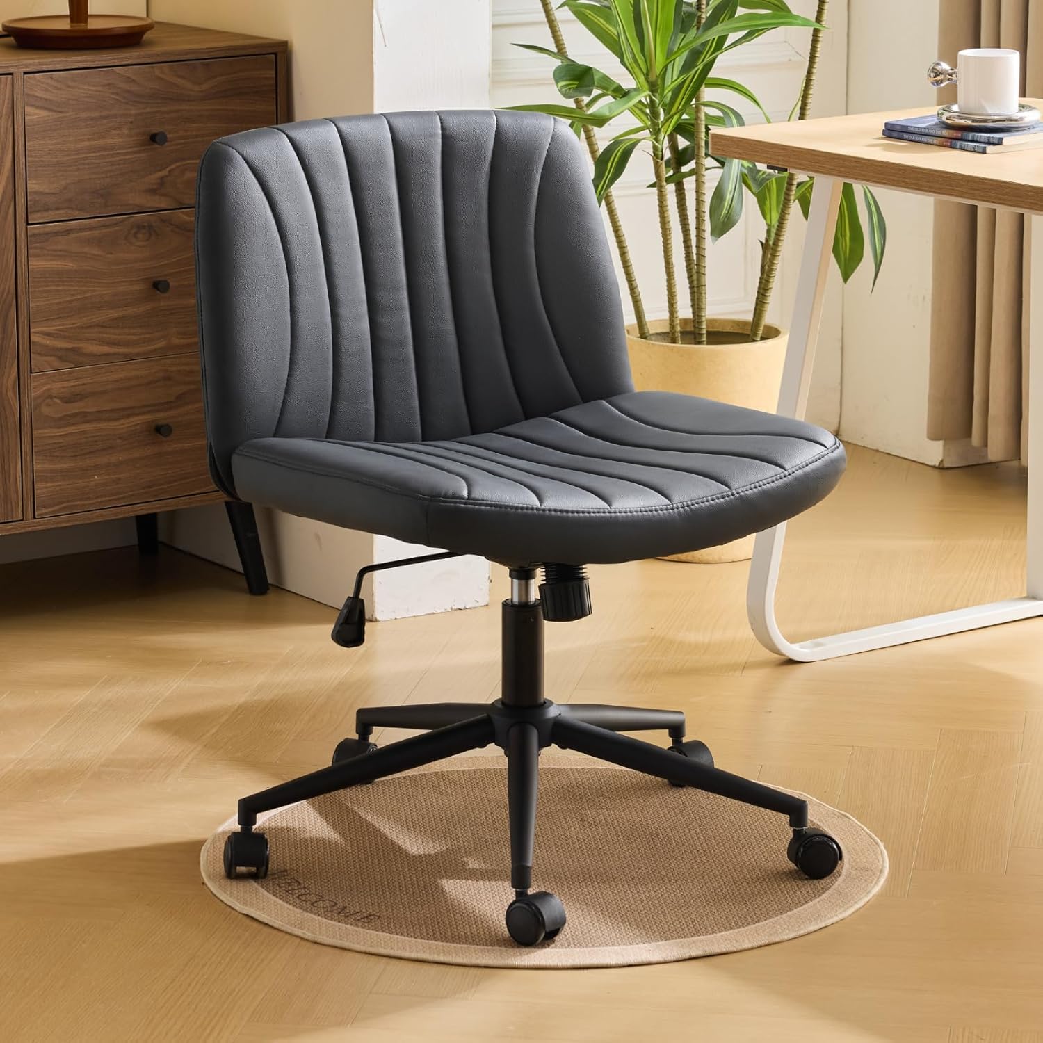 Karl home Cross Legged Office Chair, Ergonomic Criss Cross Desk Chair with SGS-certified Pneumatic Lift Mechanism, Wide Seating, PU Leather, High Resilience Foam Padding, 120° Rocking Back(Black)
