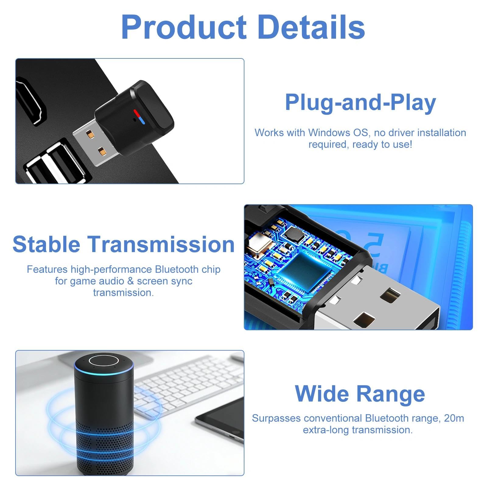 USB Bluetooth 5.3 Adaptador para PS4/PS5/PC/Switch, Adaptador USB Bluetooth, Receptor Bluetooth USB, 3 Mbit/S Baja Latencia, Plug and Play para Macos/Windows/Altavoces/Auriculares