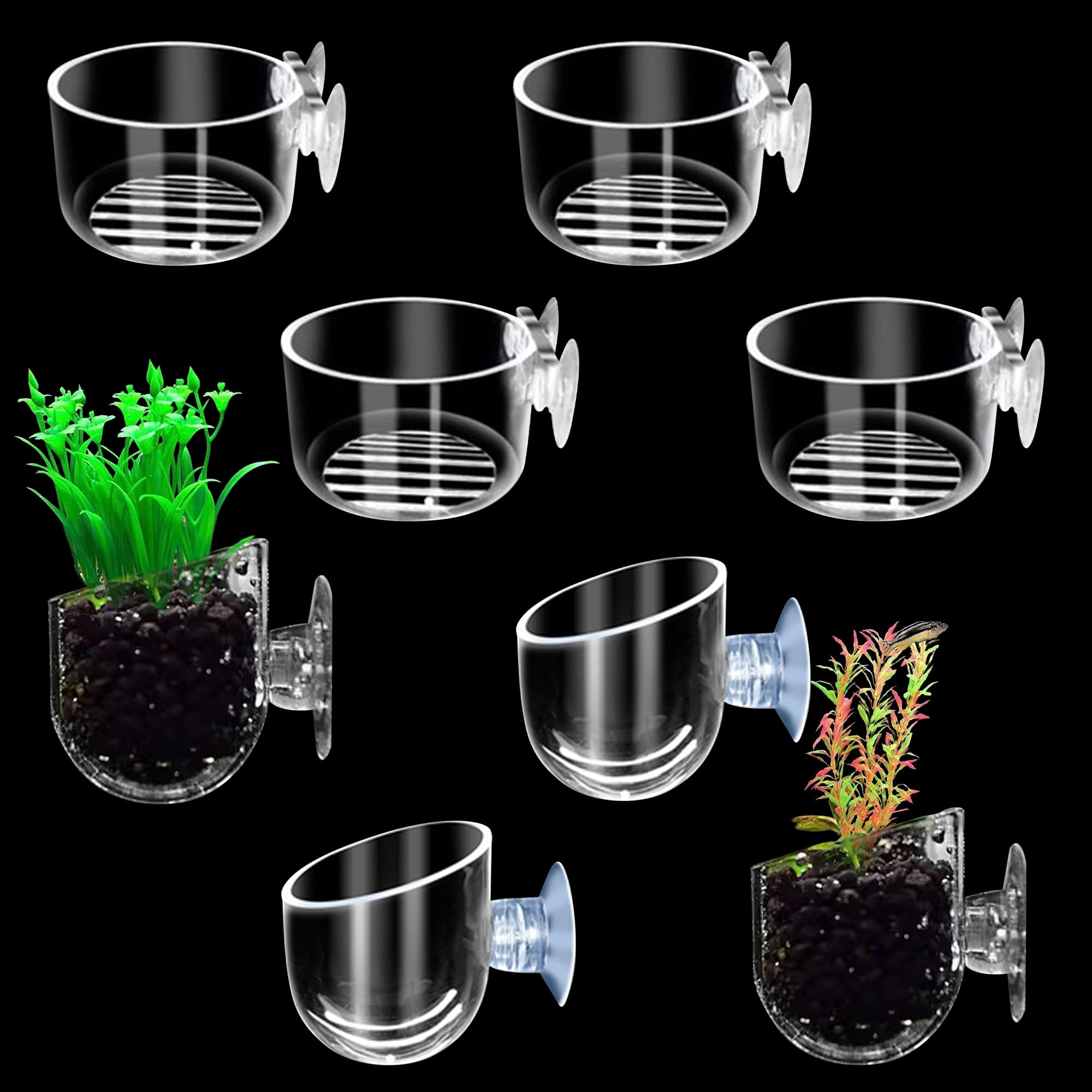 Pizsieat 8 Piezas Tazón de Alimentación para Acuario Soporte para Plantas de Acuario con Ventosa Acrílica Taza para Plantas de Acuario para Acuario Paisaje Mini pecera Decoración