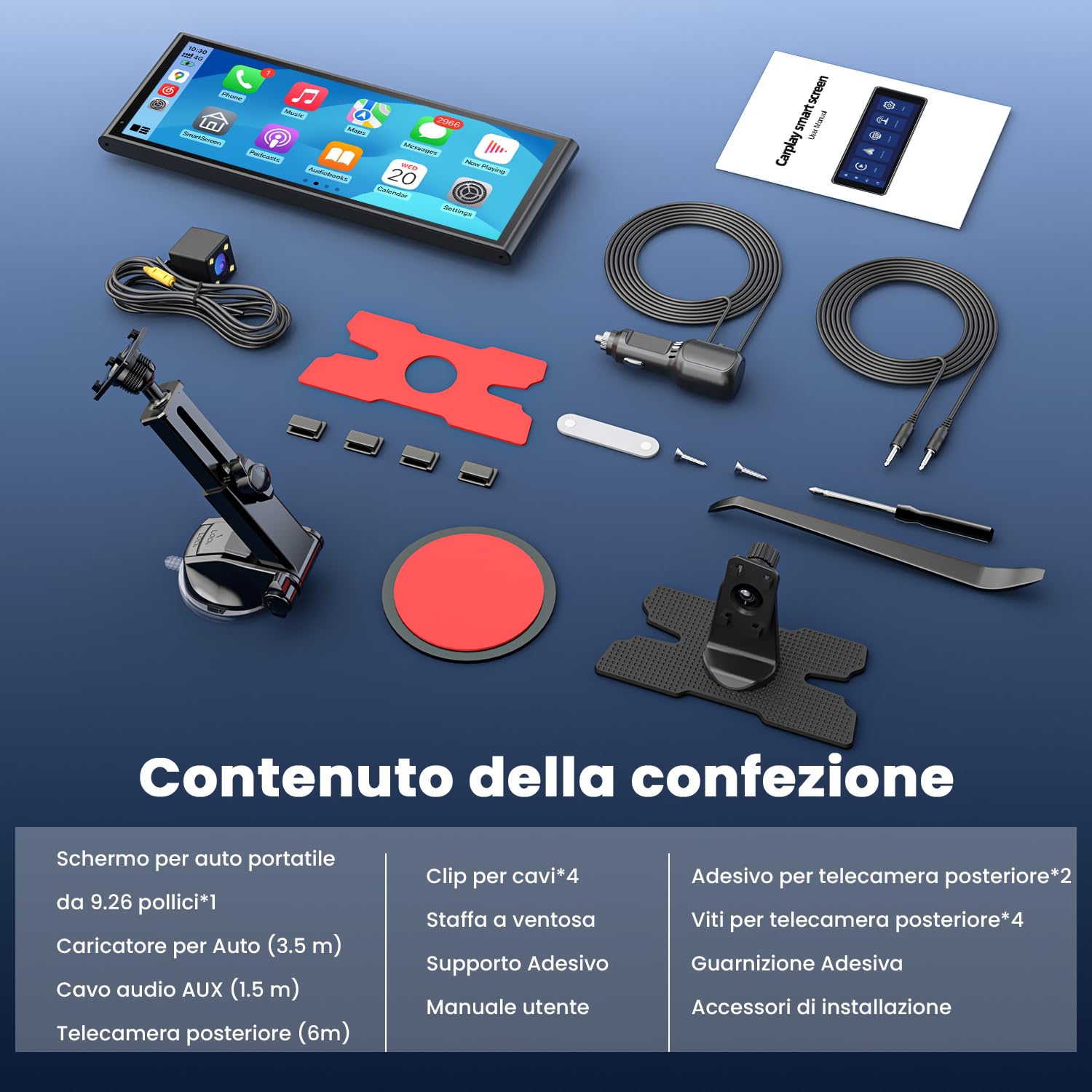 Schermo Portatile Wireless da 9,26" CarPlay per Apple CarPlay & Android Auto, Aggiornamenti OTA, Telecamera di Retromarcia, Mirror Link, Bluetooth 5.0, Controllo Vocale, Navigazione GPS, FM