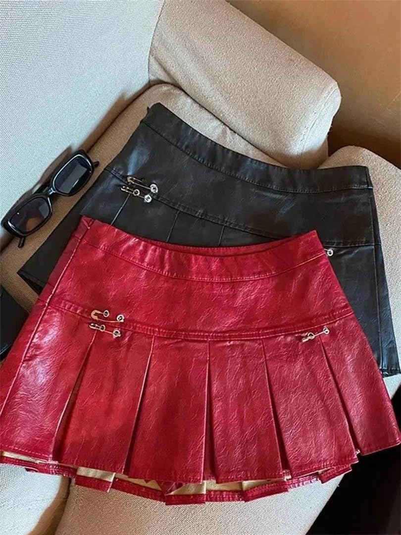 Kelsiop Minifalda plisada de piel sintética para mujer, color rojo y negro, cintura alta, estilo retro, gótico, punk