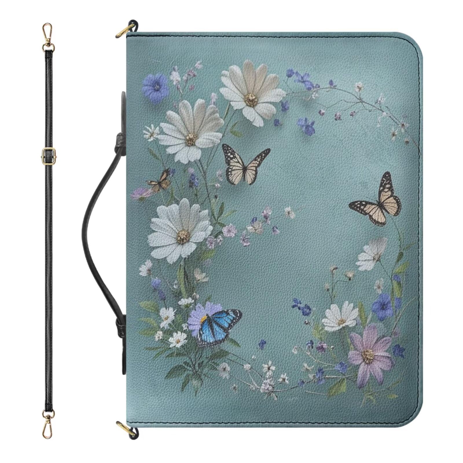 Drnuikhe Small Bible Cover Case for Girls, Blue Bible Tote with Strap and Handle, Butterflies and Daisies Print PU Leather Bible Carrier with Inner Pockets and Pen Loop, Bible Study Supplies