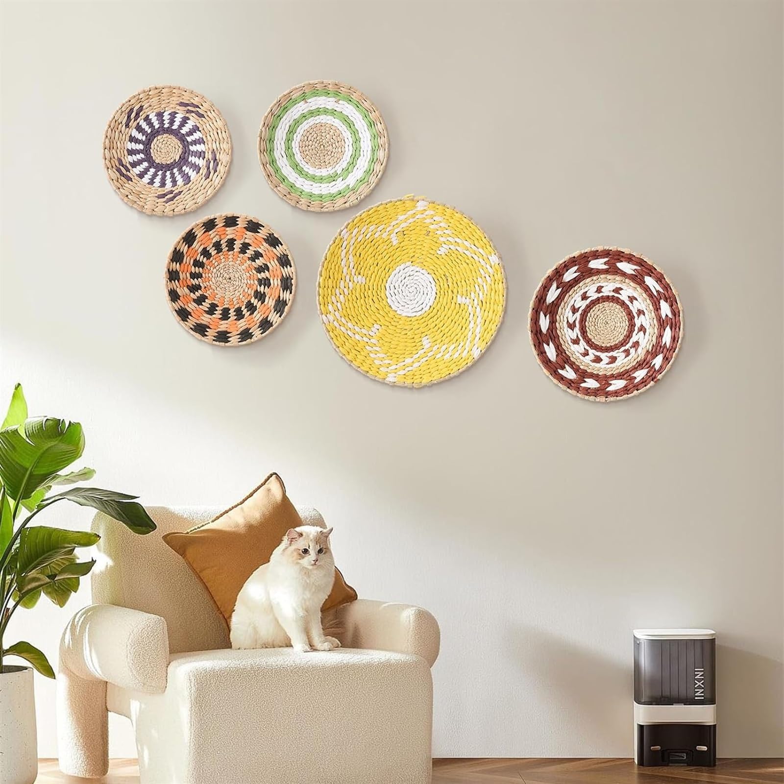 5 Stück Boho-Wandkörbe, Dekor, Seegras, for Aufhängen, Gewebter Wandkorb, Dekor, Rattan-Wandkorb, Dekorative Runde Wandbehang-Schalen, Teller, Afrikanische Hängende, Gewebte