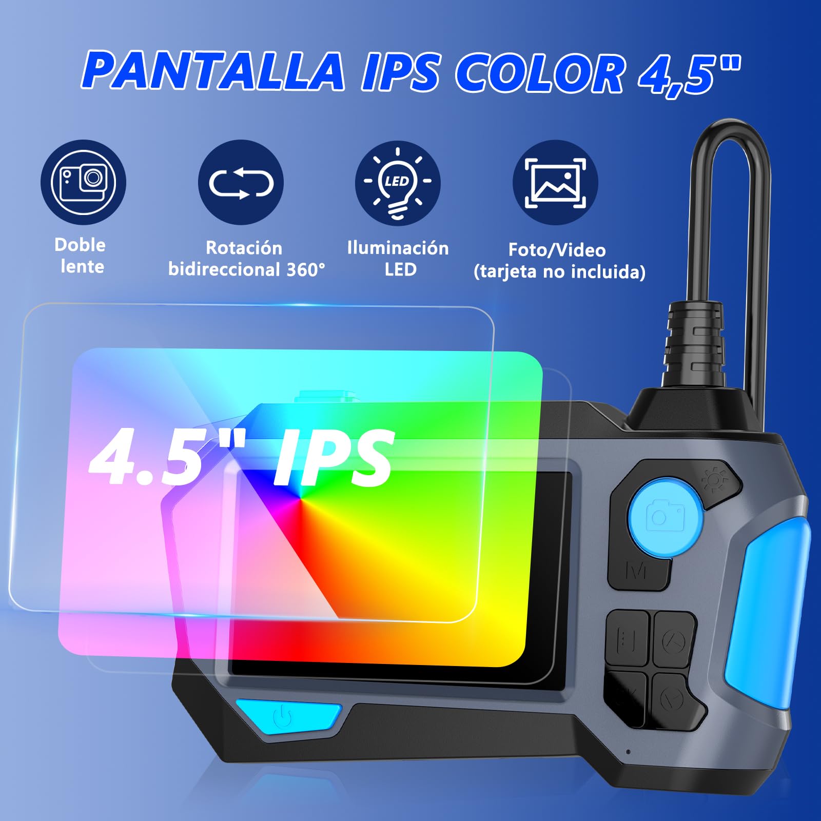 Endoscopio Camara de inspeccion 1920P HD, Doble Lente y rotación 720°, Cámara Endoscópica con Pantalla IPS de 4,5 Pulgadas y IP68, 8+1LED (2M)