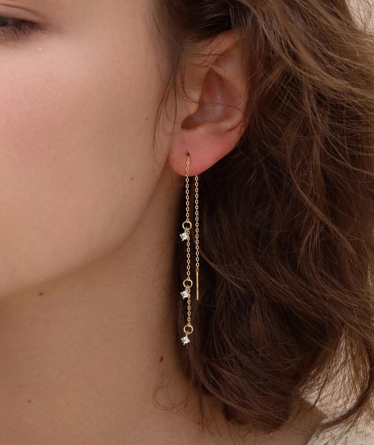 S.Leaf S925 Sterling Silver Threader Chain Earrings 18K Gold Plated Cubic Zirconia Dainty Dangle Double Piercing Long Drop Dangly Pull Through Tassel Chain Earrings Gifts for Women - Image 5