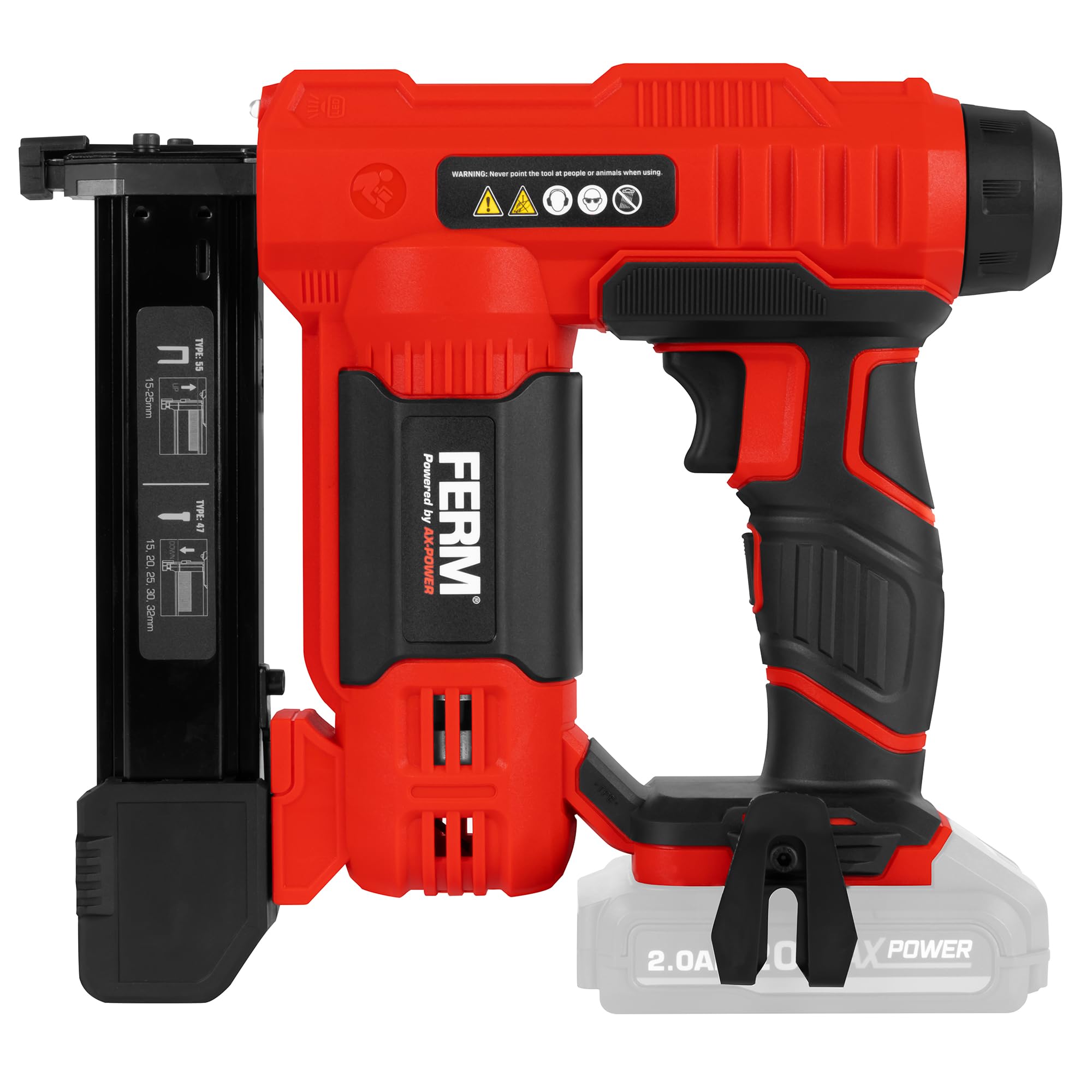 FERM AX-Power Agrafeuse sans fil 20 V - Capacité : 30 coups/min - Chargeur pour 100 agrafes - Pour clous et agrafes - Lampe de travail LED - Poignée souple - Sans batterie ni chargeur