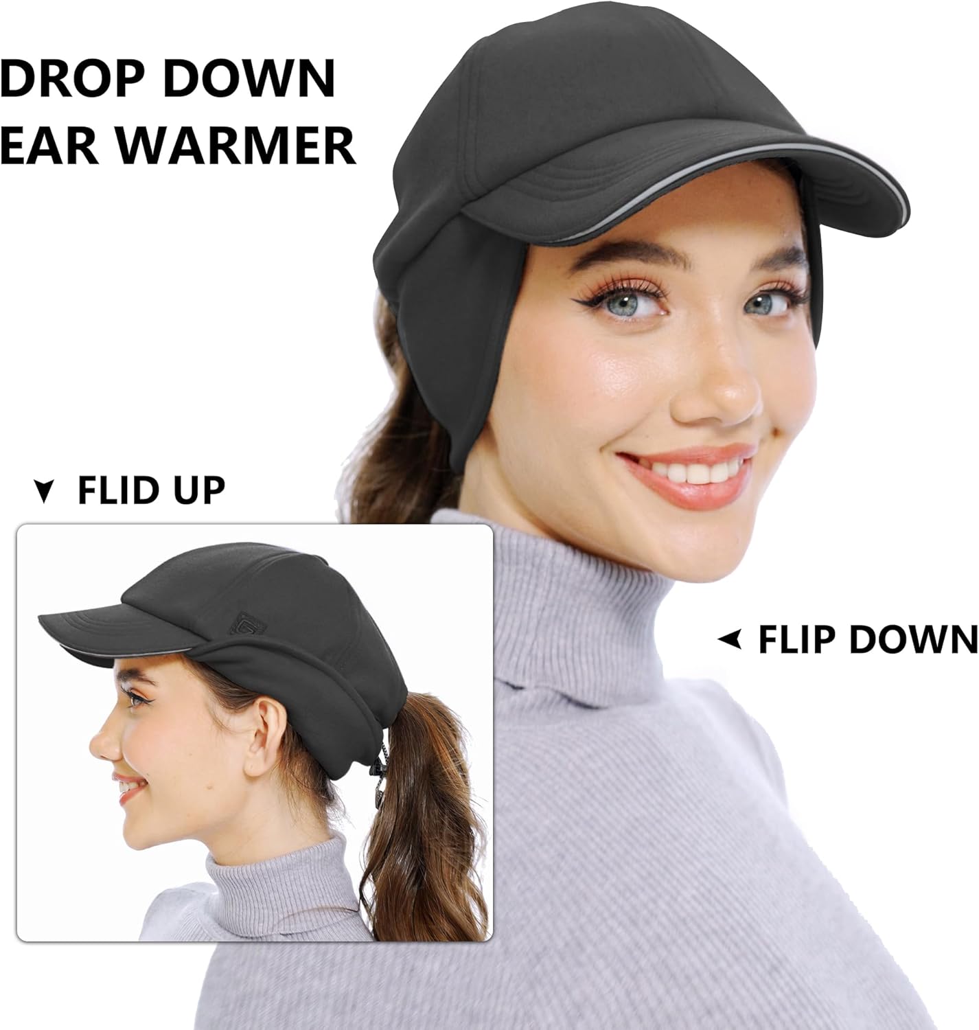 GADIEMKENSD Women's Fleece Ponytail Hat - Reflective Winter Hat with Flip Down Ear Warmer, Vertical Ponytail Hole, Adjustable - Image 4