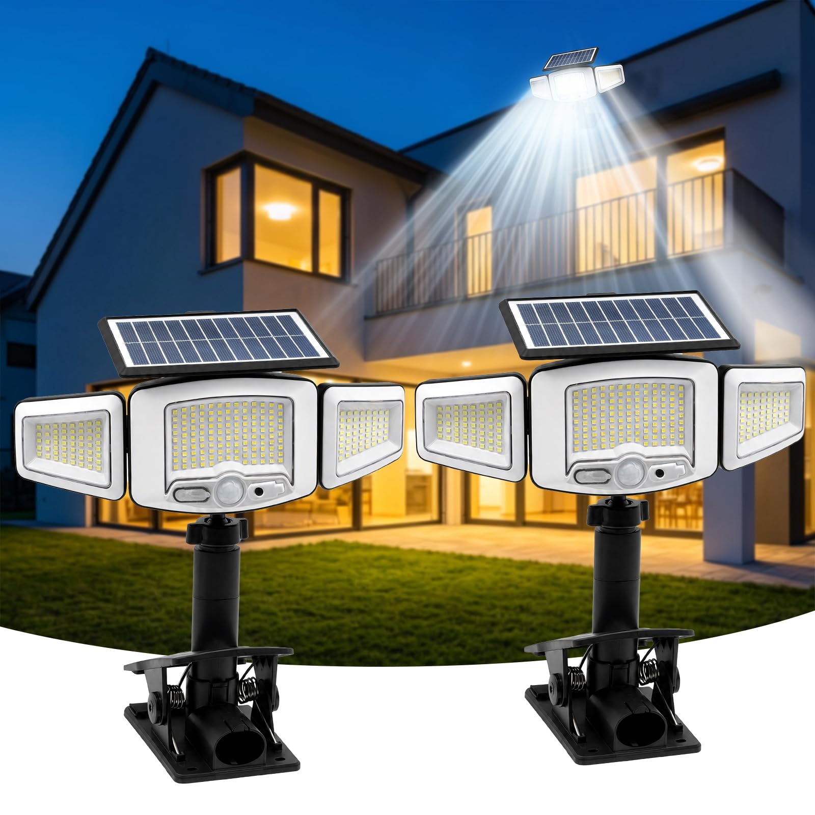 Clip on Solar Lights Outdoor 231 LEDs,3 Heads Motion Sensor Flood Lights(2)